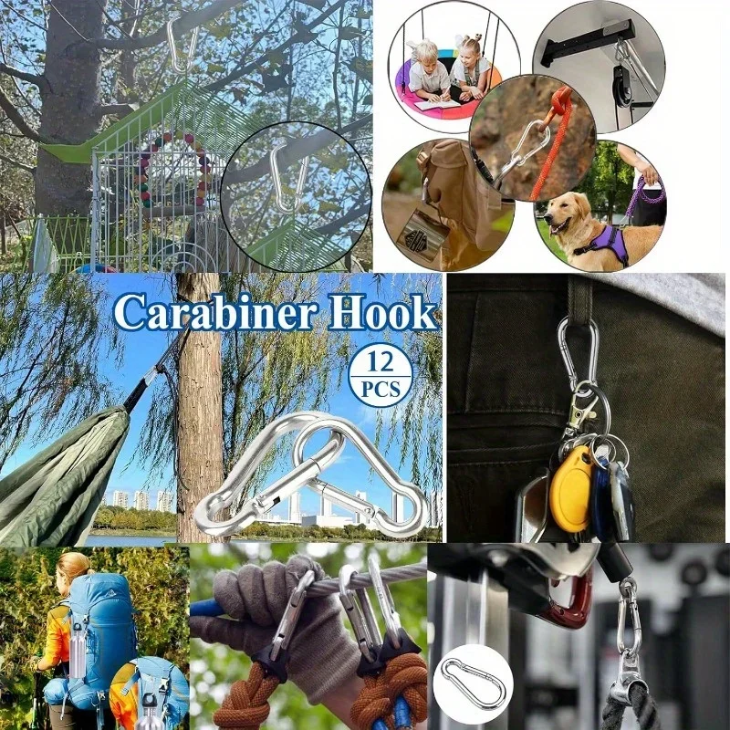 12pcs Stainless Steel Carabiner Set, 6x60mm, 180kg Load Capacity, Rust-Resistant Galvanized, Multi-Use for Outdoor Activitie