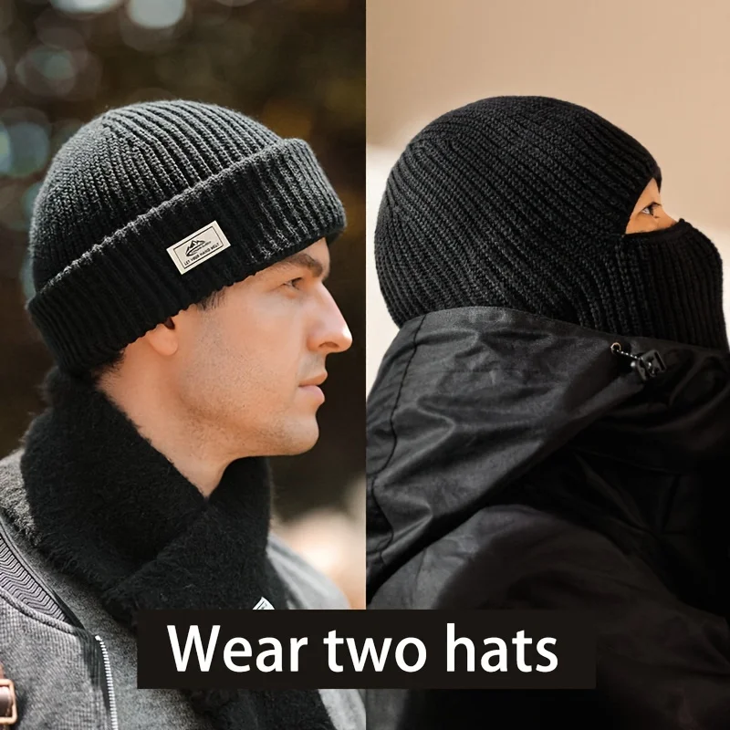 2In1 Winter Balaclava Beanie Hat Knitted Full Face Mask Warm Ski Tactical Cycling Cap Men Women Outdoor Sports Earmuffs Hat