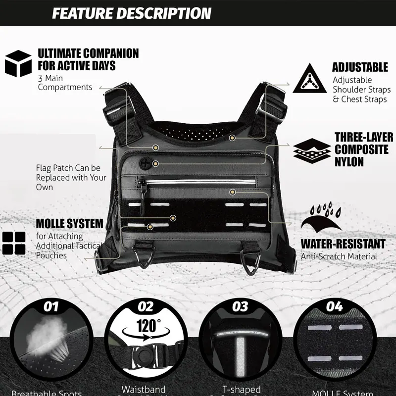 Outdoor Chest Bag For Men Front Rig Pouch Running Vest Phone Holder Tactical Sports Pack Hiking Fishing Molle Camping Backpack