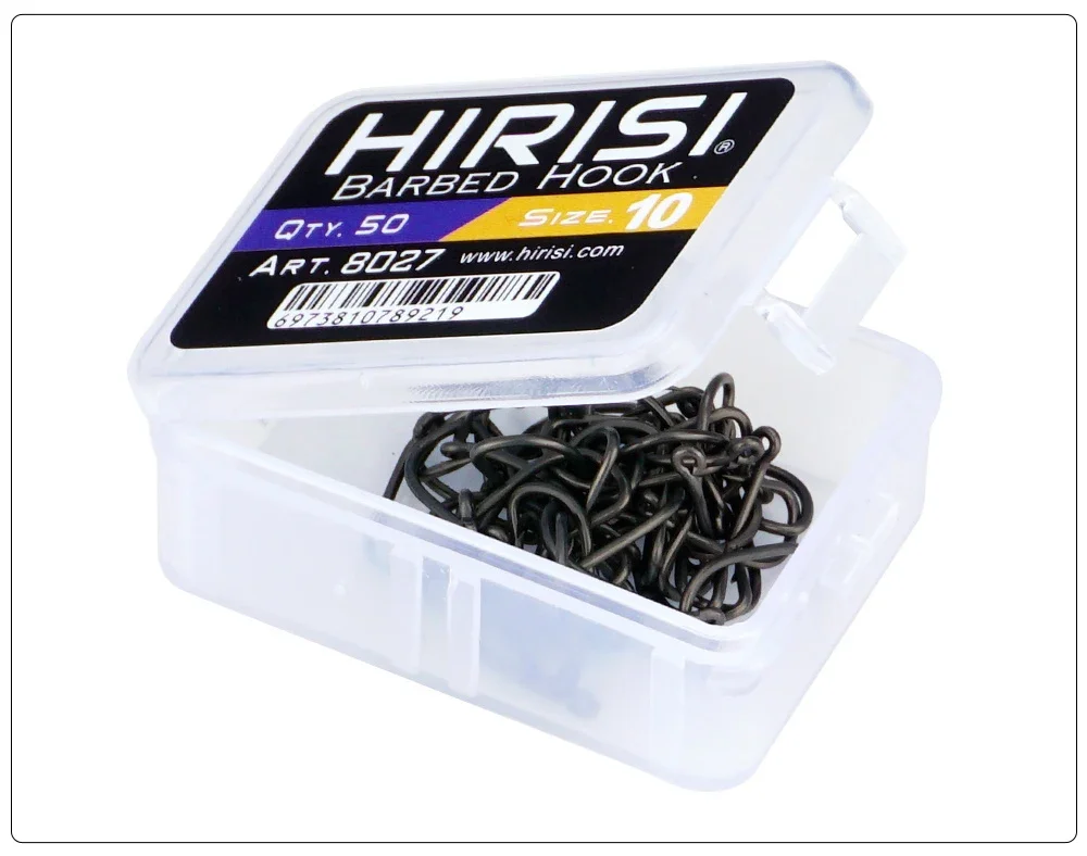 Hirisi 50pcs PTFE Coated High Carbon Stainless Steel Barbed Fish Hook With Eye 8027 Fishing Accessories Spliceable Plastic Box