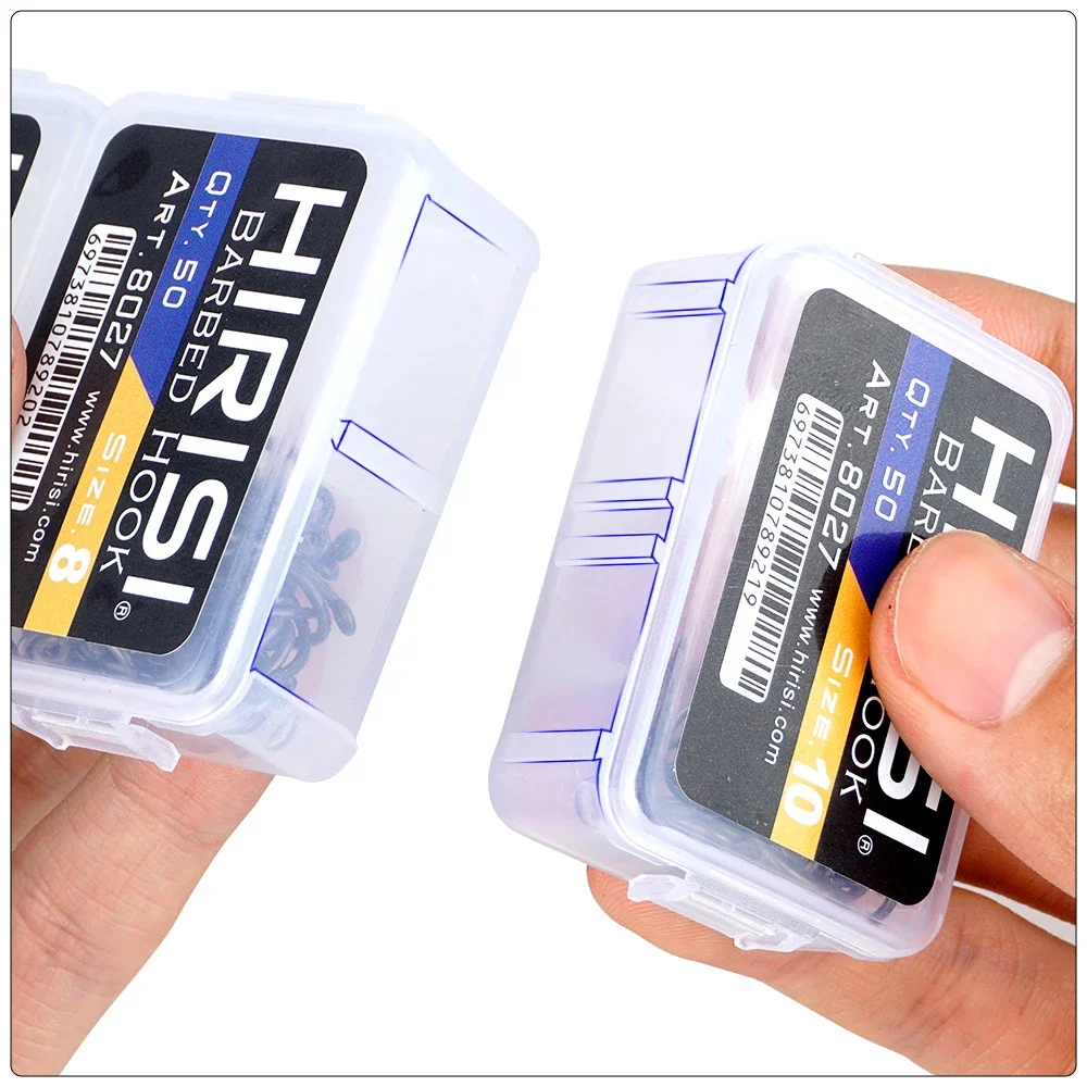 Hirisi 50pcs PTFE Coated High Carbon Stainless Steel Barbed Fish Hook With Eye 8027 Fishing Accessories Spliceable Plastic Box