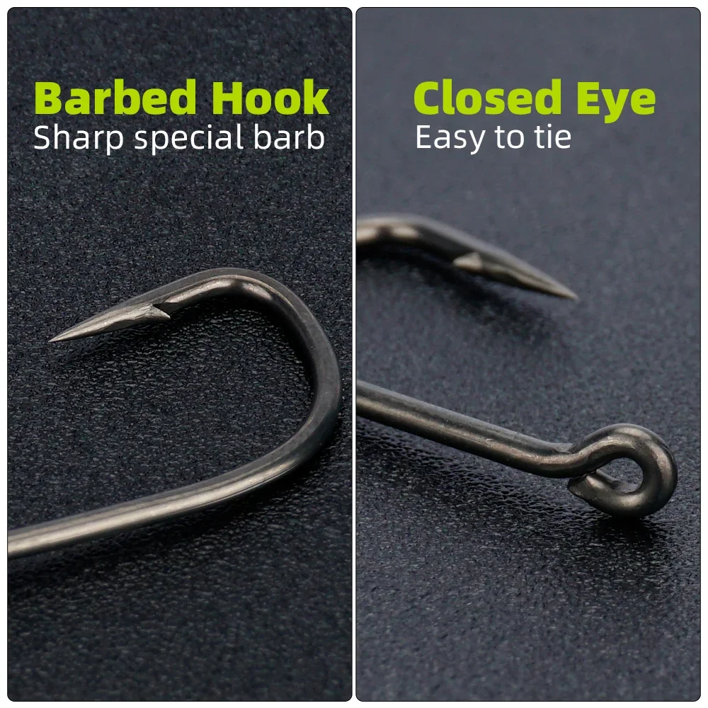 Hirisi 50pcs PTFE Coated High Carbon Stainless Steel Barbed Fish Hook With Eye 8027 Fishing Accessories Spliceable Plastic Box
