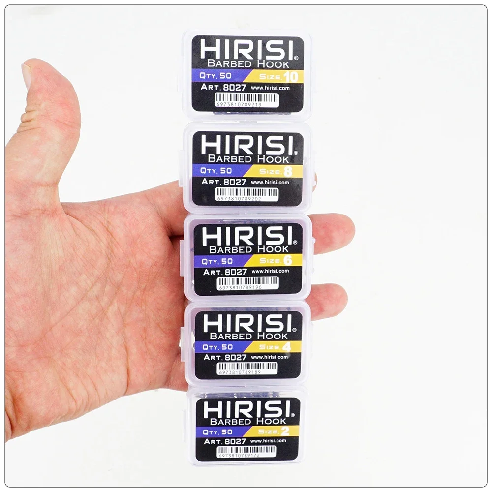Hirisi 50pcs PTFE Coated High Carbon Stainless Steel Barbed Fish Hook With Eye 8027 Fishing Accessories Spliceable Plastic Box
