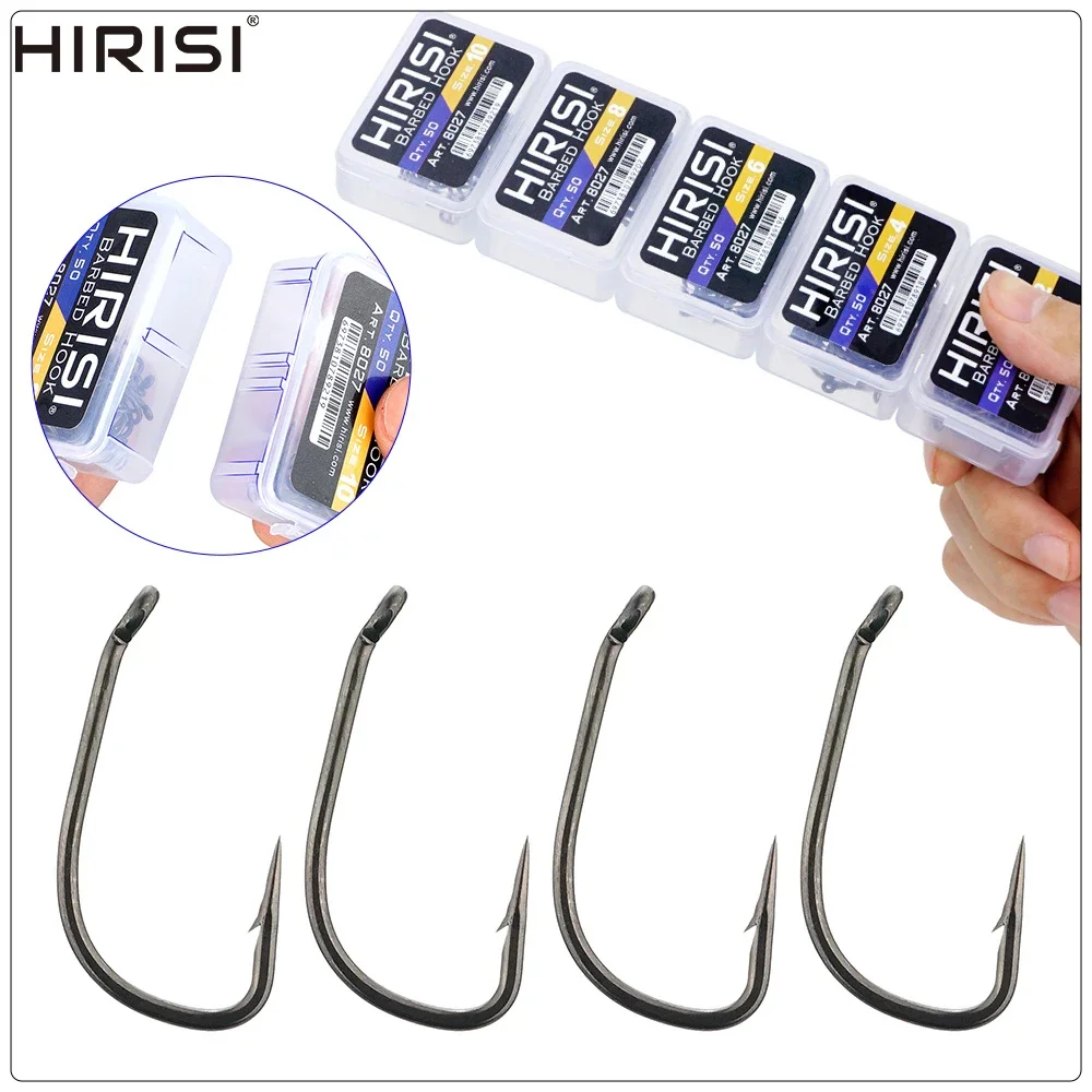 Hirisi 50pcs PTFE Coated High Carbon Stainless Steel Barbed Fish Hook With Eye 8027 Fishing Accessories Spliceable Plastic Box