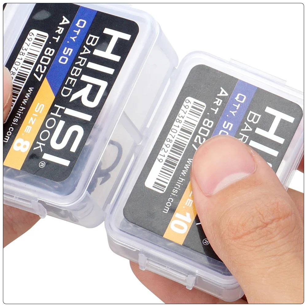 Hirisi 50pcs PTFE Coated High Carbon Stainless Steel Barbed Fish Hook With Eye 8027 Fishing Accessories Spliceable Plastic Box