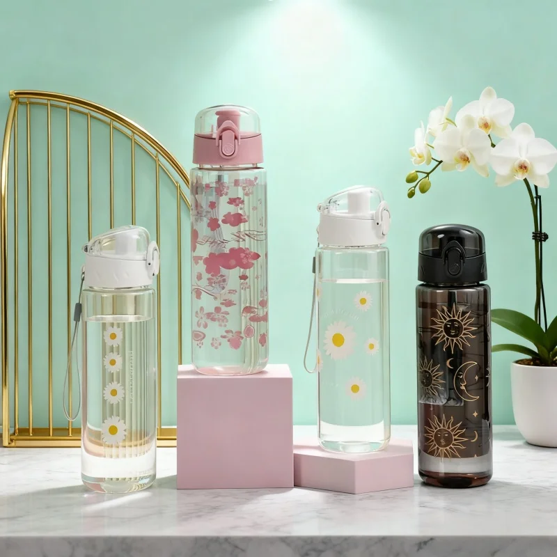 780ML Large Capacity Sports Transparent Water Bottle Leakproof Flower Plastic Drinking Bottles Outdoor Cycling Hiking Gym Jugs