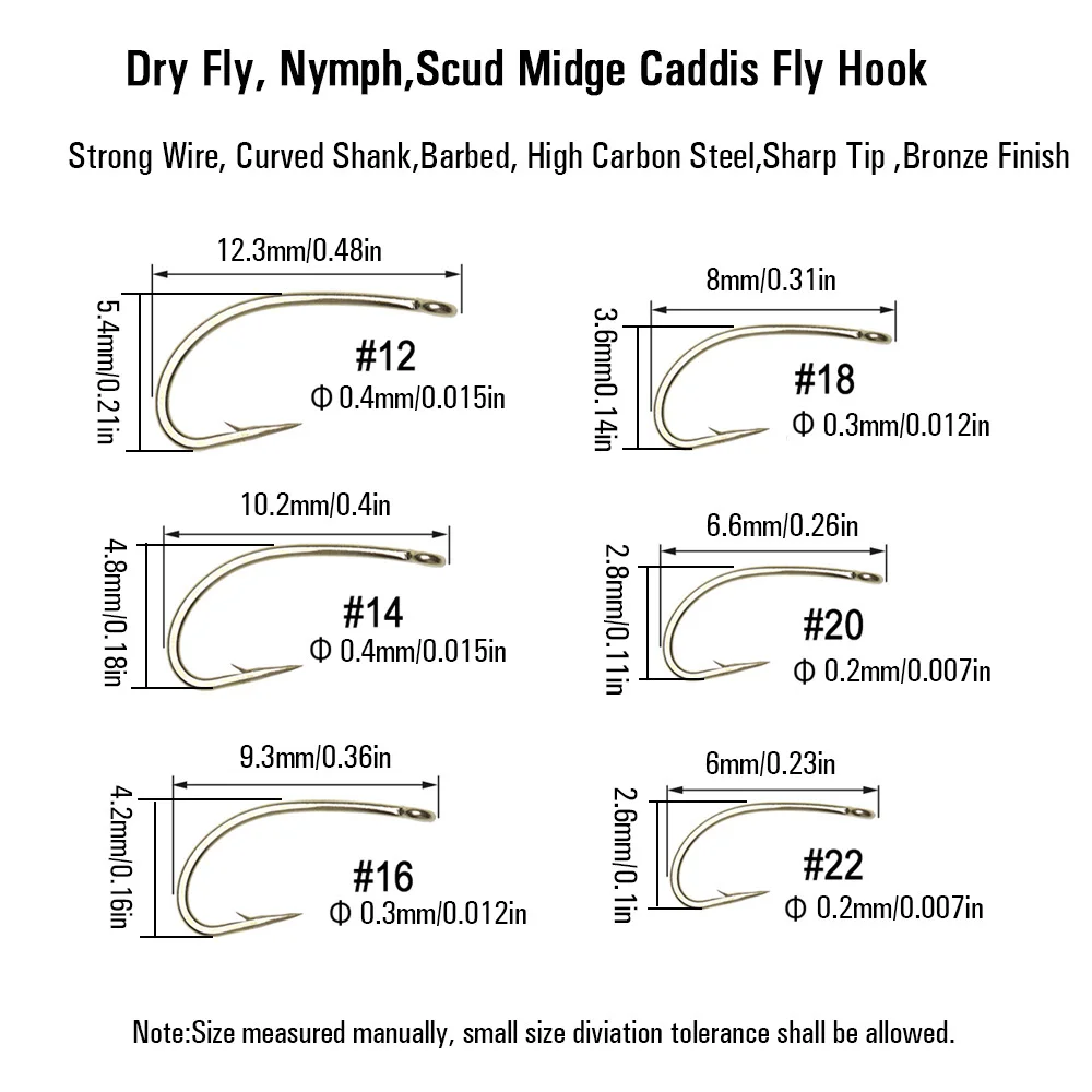 100/200PCS #12 ~ #22 Fly Fishing Dry Fly Hook Standard Wire Bronzed Nymph Curved Hook Small Fly Lures Tying Material