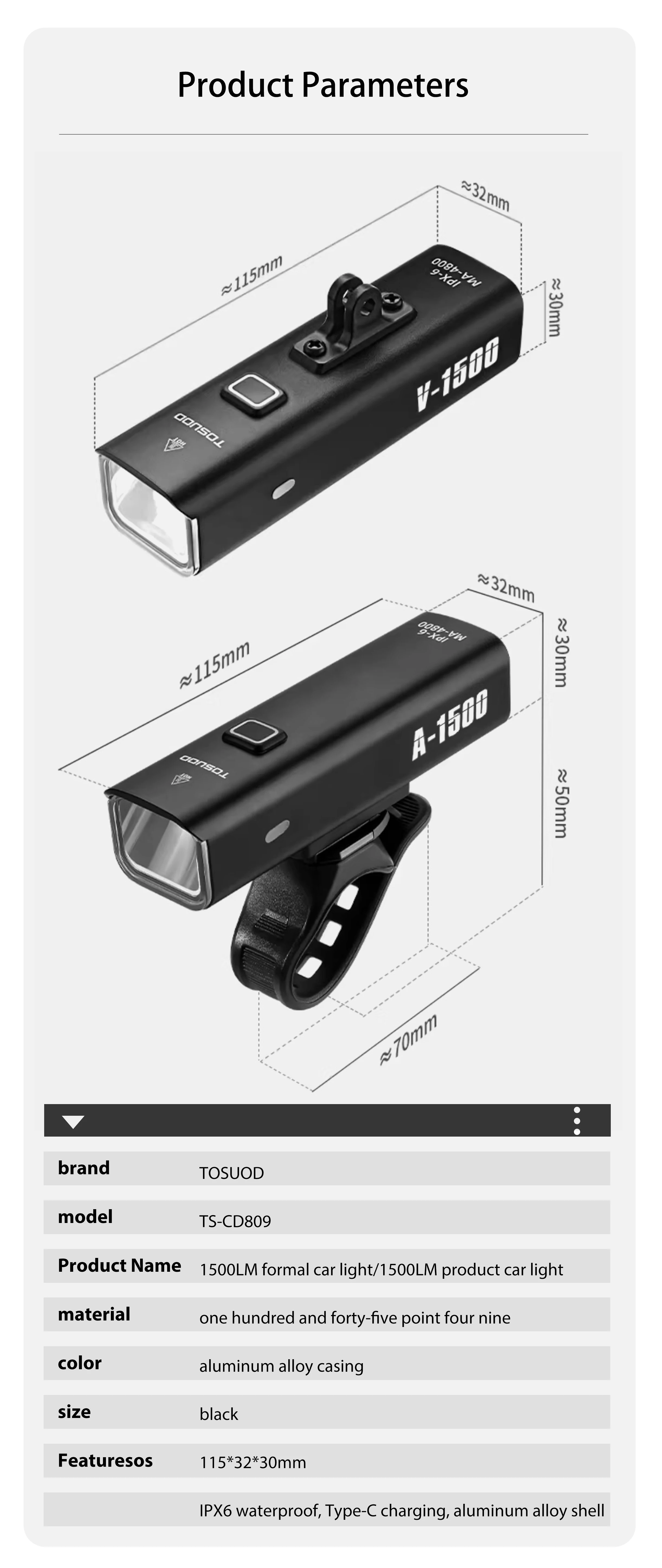 TOSUOD Bicycle Light 1000/1200/1500 Lumen Bike Headlight Power Bank Flashlight Handlebar USB Charging MTB Road Highlight