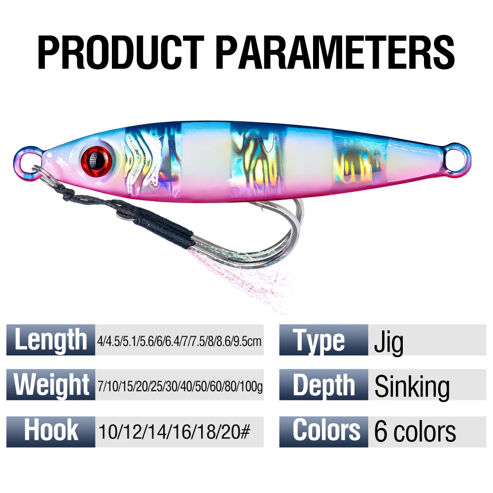 6Pcs Metal Jig Fishing Lure Luminous Casting Lures 7-100g 3D Eyes Slow Sinking Artificial Hard Bait with Double Assist Hook