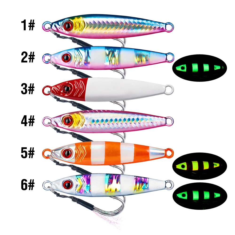 6Pcs Metal Jig Fishing Lure Luminous Casting Lures 7-100g 3D Eyes Slow Sinking Artificial Hard Bait with Double Assist Hook