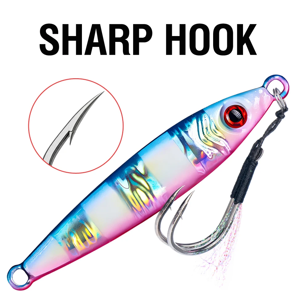 6Pcs Metal Jig Fishing Lure Luminous Casting Lures 7-100g 3D Eyes Slow Sinking Artificial Hard Bait with Double Assist Hook