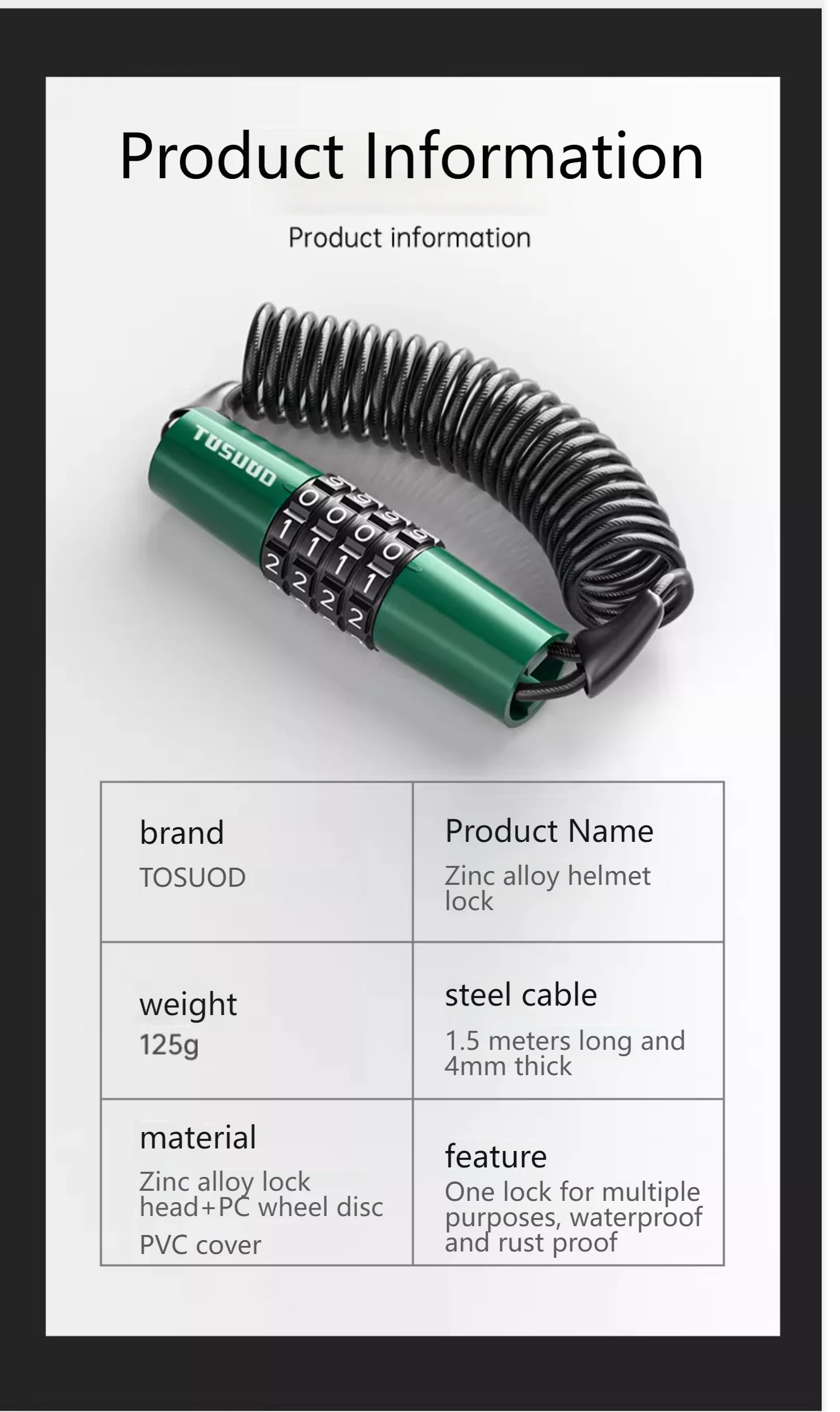 TOSUOD Motorcycle Bike Portable Anti-Theft 4-Digit Password Helmet Lock Zinc Alloy Lock PVC Leather Cover Steel Wire Rope Lock