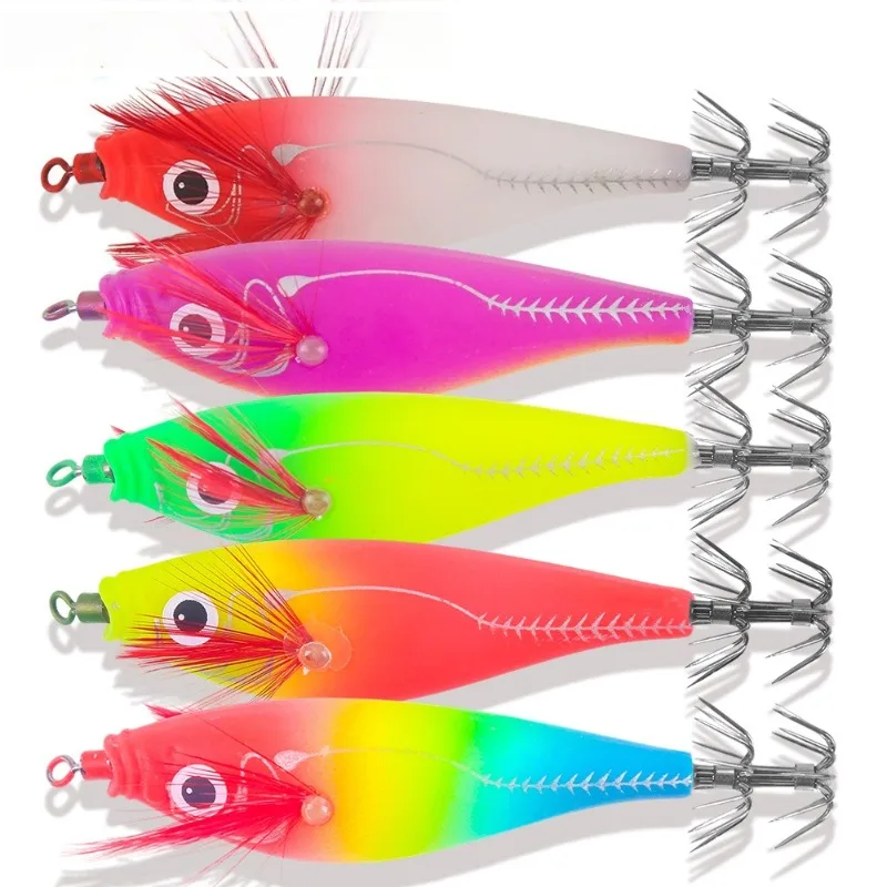 1pc 5pcs Glowing Squid Hooks - Horizontal Shrimp Lures - Baits for Egi,Cuttlefish Squid Jigs,Hard Baits for Octopus Fishing