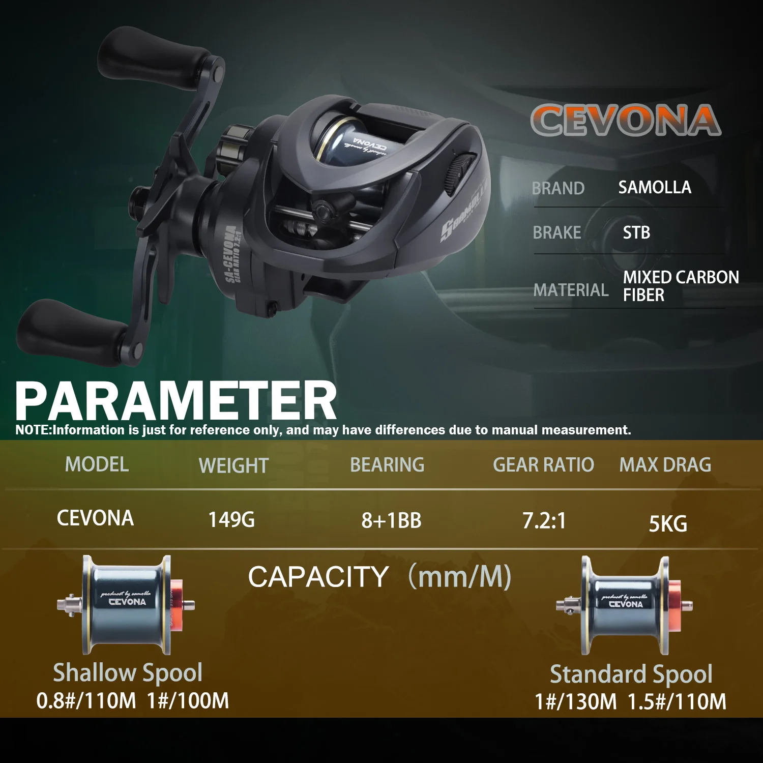 SAMOLLA New Ultralight Baitcasting Reel 149g STB Brake Fishing Reel 7.2 Gear Ratio Saltwater 8+1BB 5KG Power Baitcaster