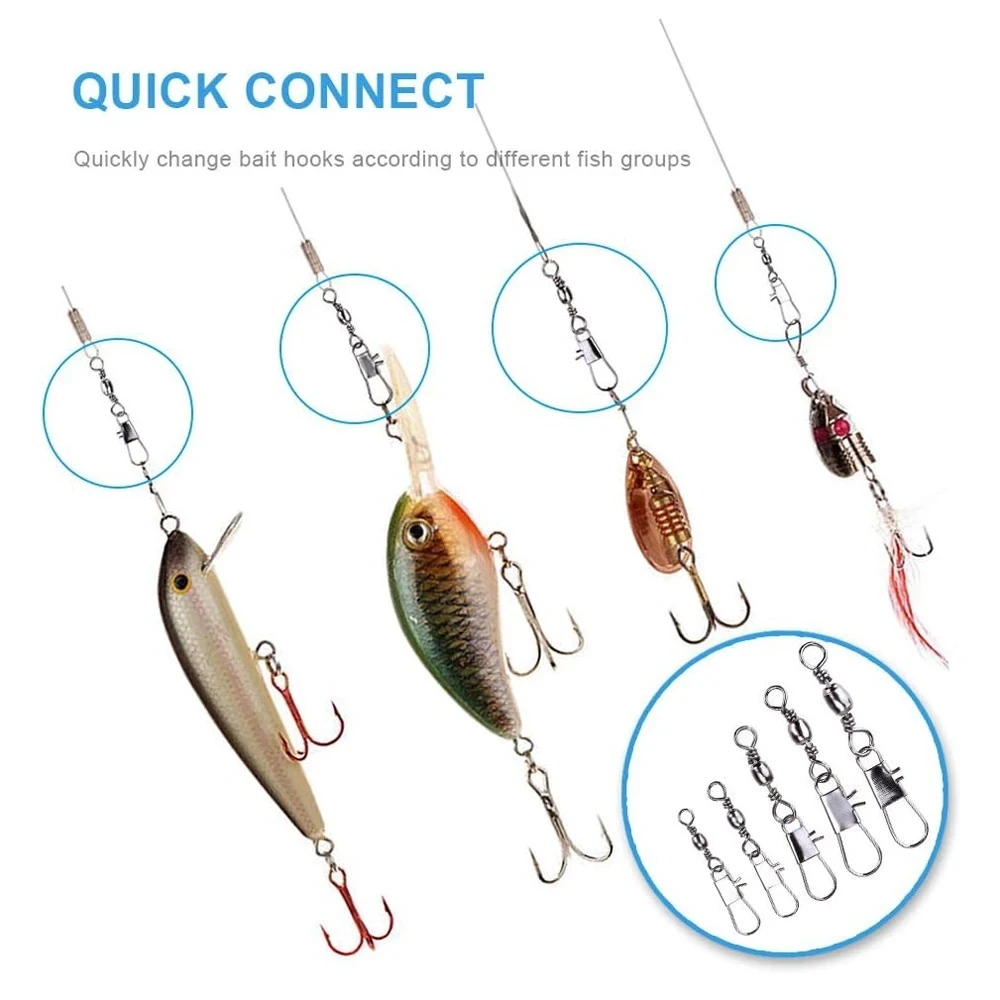100pcs 5 Size Swivel Fishing Connector Snap Pin Rolling Swivels for Lure Line Hook Tackle Connectors Gear Fish Tool Accessories