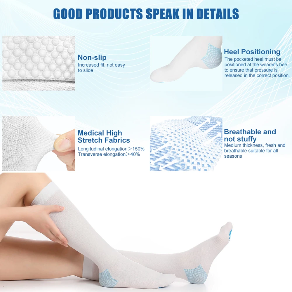 1Pair Ted Hose Thigh High Anti Embolism Compression Stockings for Women Men, Surgical Compression Stockings, 15-21 MmHg