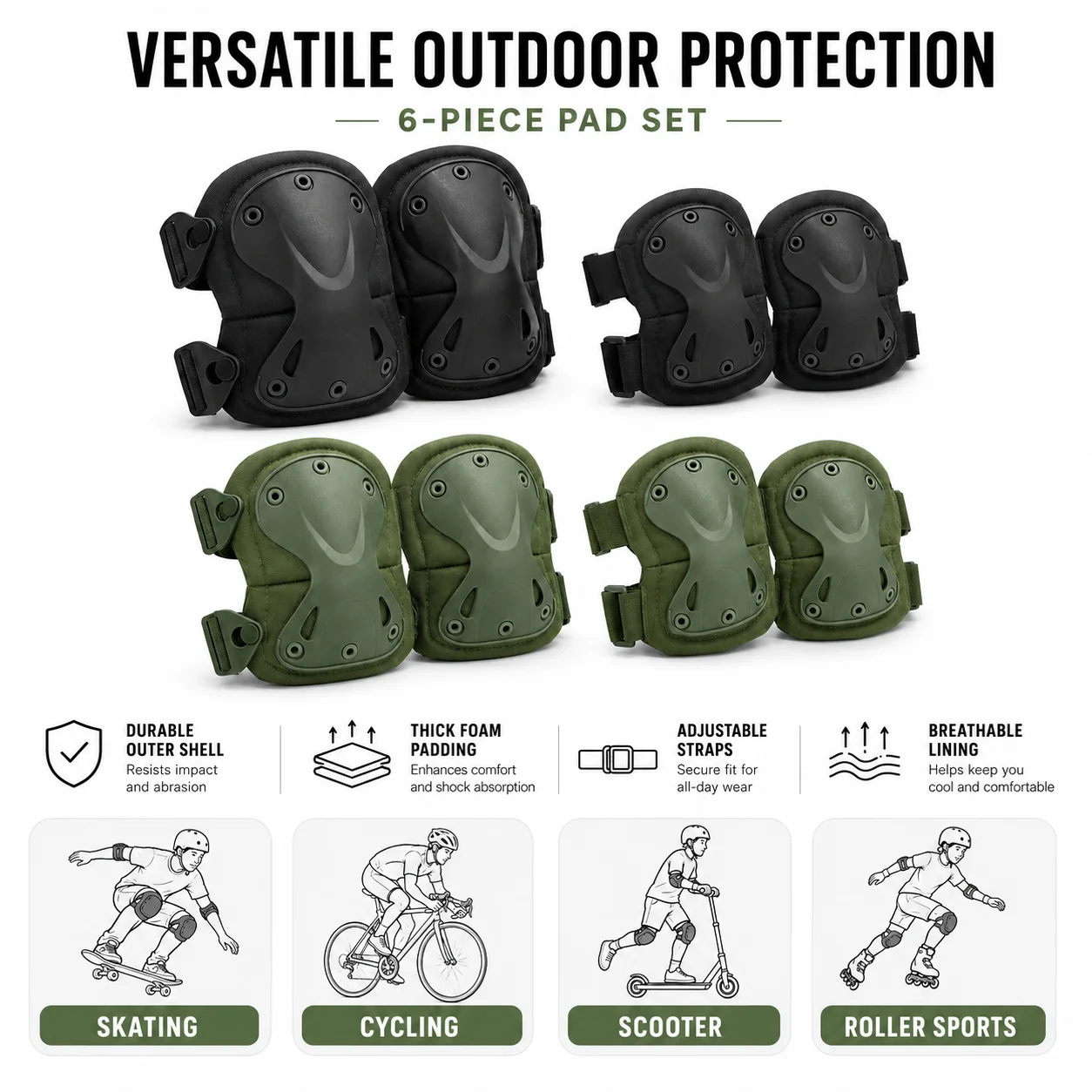 2Pcs Protective Pads Set Knee Elbow Pads Adjustable Straps Hard Shell for Skating Cycling Scooter Outdoor Sports Safety Gear Kit
