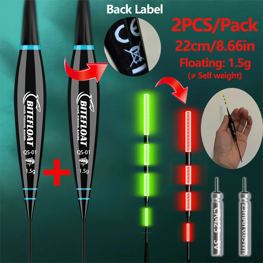 Bite Float 2026 New 2PCS Set Night Fishing Float Short Eye-Catching Rock Fishing Float CR425 battery glow at night