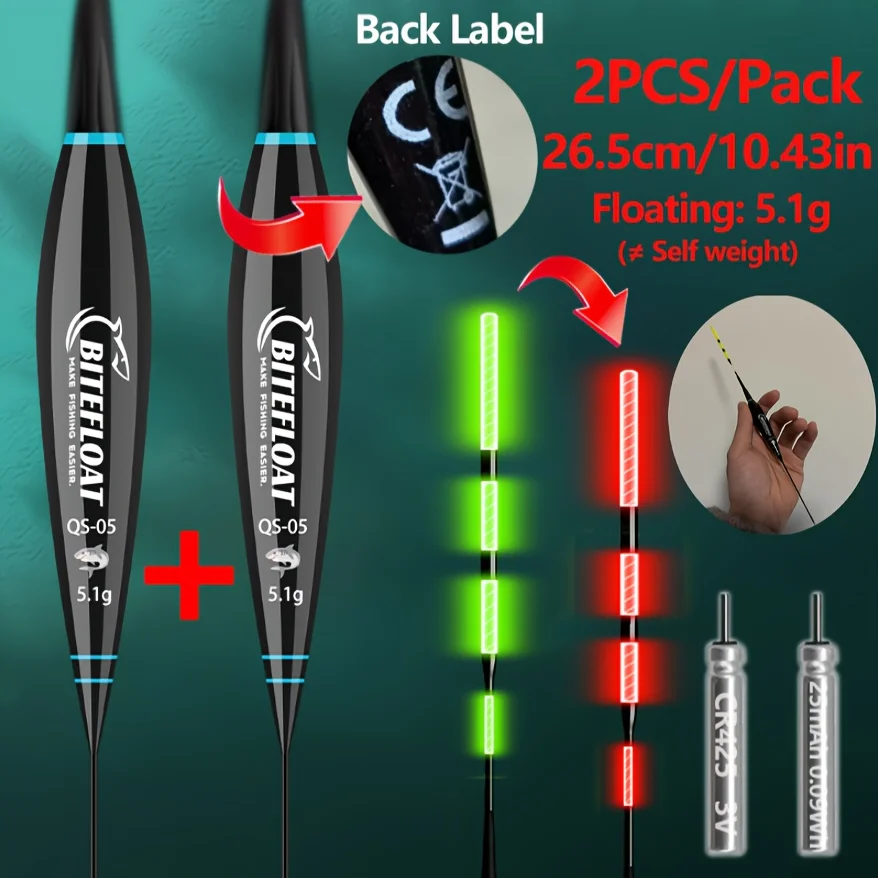 Bite Float 2026 New 2PCS Set Night Fishing Float Short Eye-Catching Rock Fishing Float CR425 battery glow at night