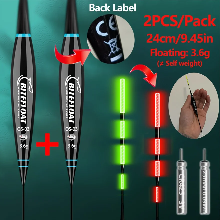 Bite Float 2026 New 2PCS Set Night Fishing Float Short Eye-Catching Rock Fishing Float CR425 battery glow at night