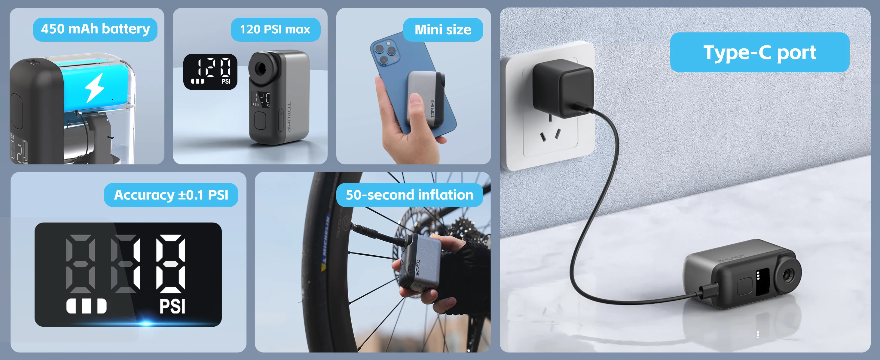 Topump TB2PRO Electric Tire Inflator 120PSI Portable Schrader Presta Bicycle Tire with LED Screen AS200PRO Cycling Accessories