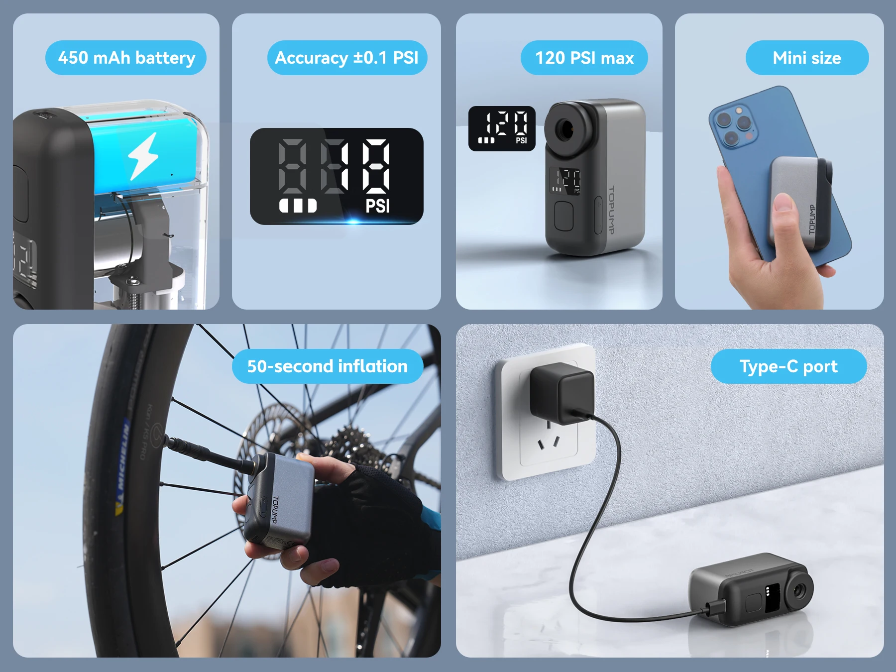 Topump TB2PRO Electric Tire Inflator 120PSI Portable Schrader Presta Bicycle Tire with LED Screen AS200PRO Cycling Accessories