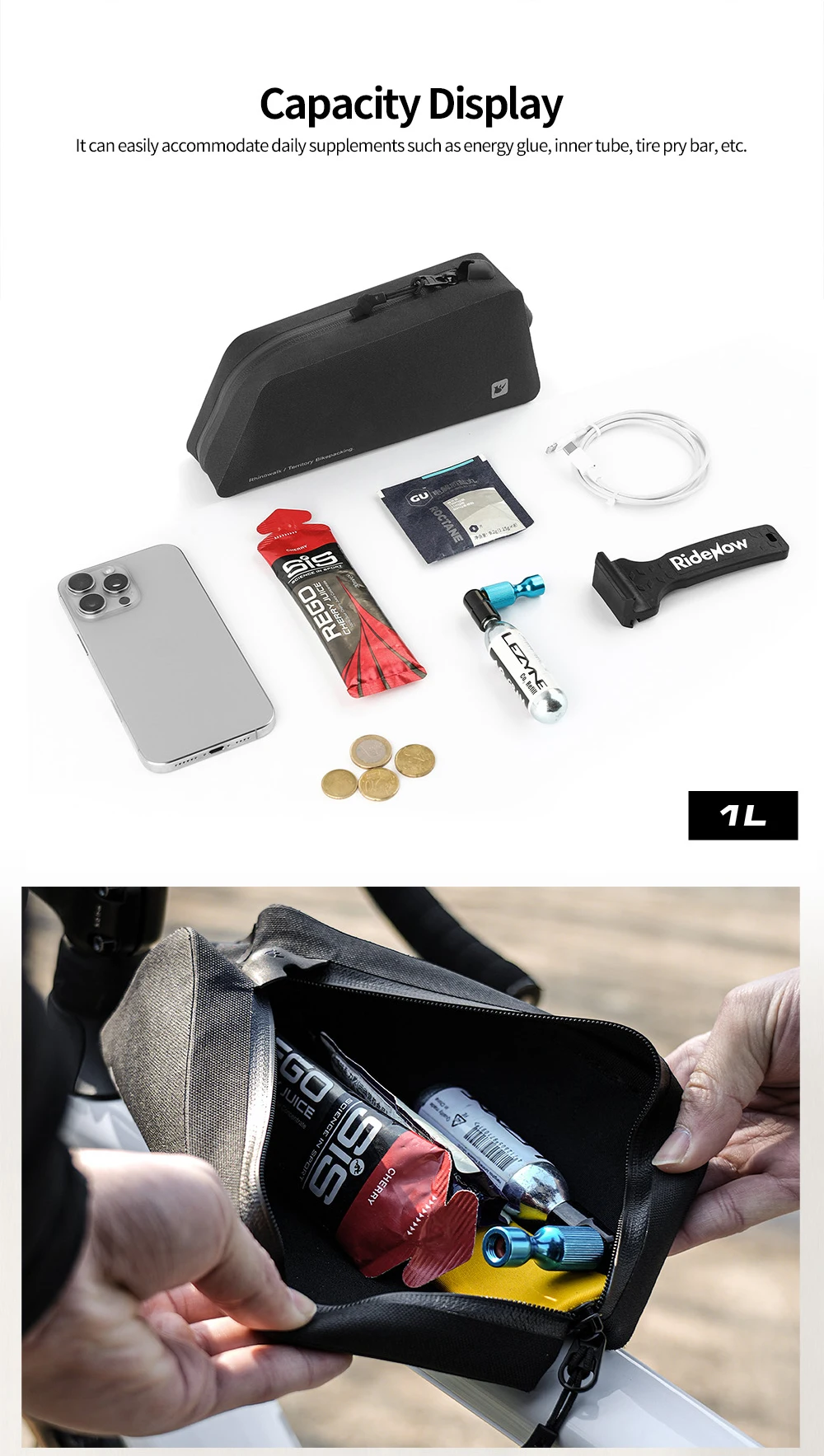 Rhinowalk Bike Top Tube Bag 1L Waterproof Cycling Frame Storage Luggage Backpacking For MTB Gravel Phone Bag Bike Accessories