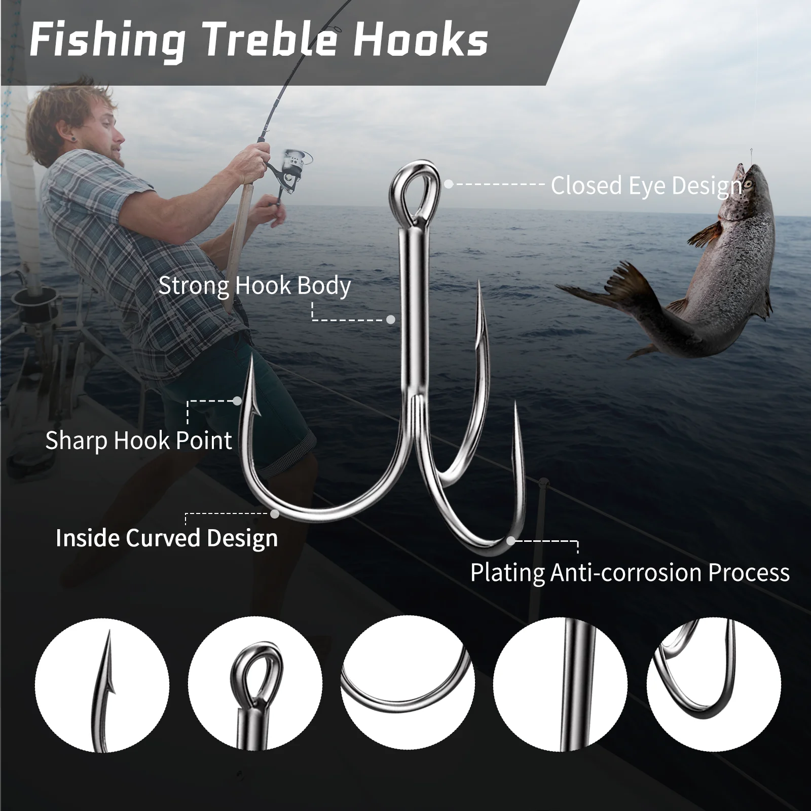 9KM 15pcs Fishing Treble Hooks High Carbon Steel Round Bend Triple Hook Fishing Lure Replacement for Saltwater Freshwater