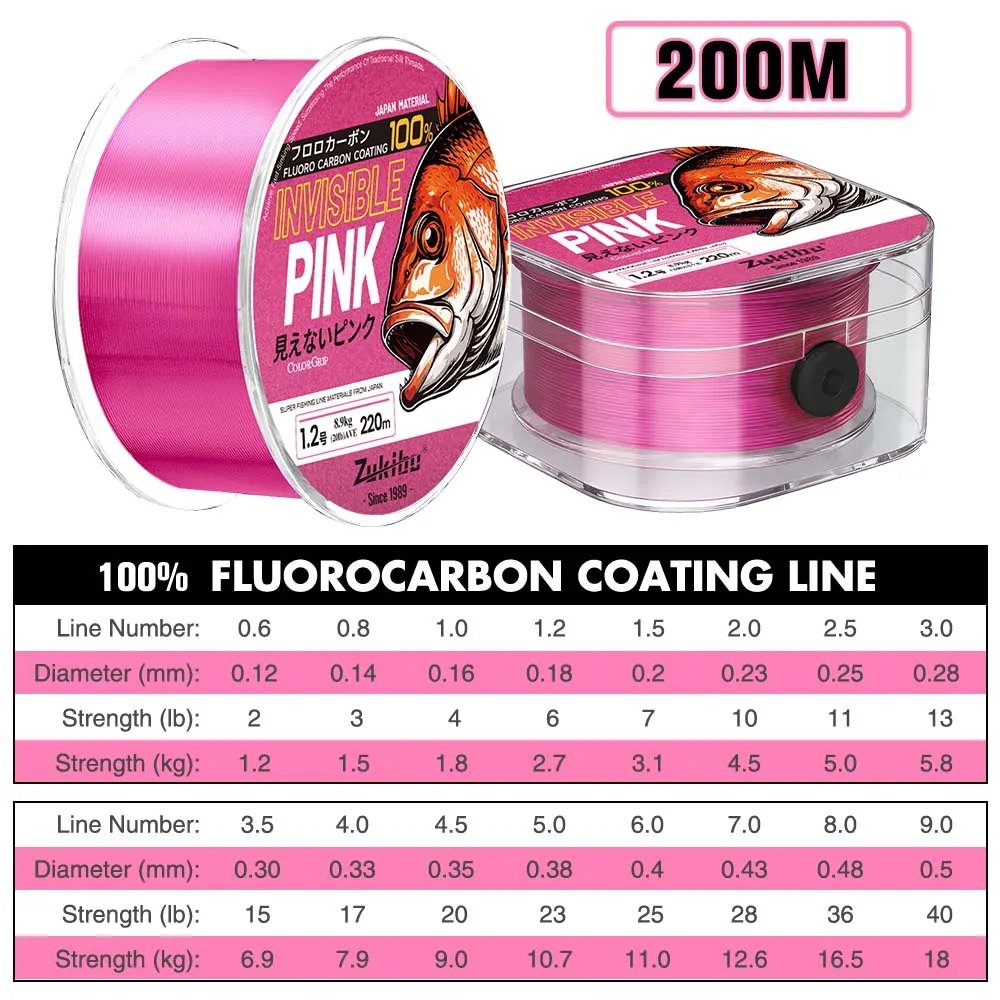 ZUKIBO Pink Fluorocarbon Coating Fishing Line 350M 200M Fluorocarbon Leader Monofilament Fishing Line Carp Fishing Sinking Line