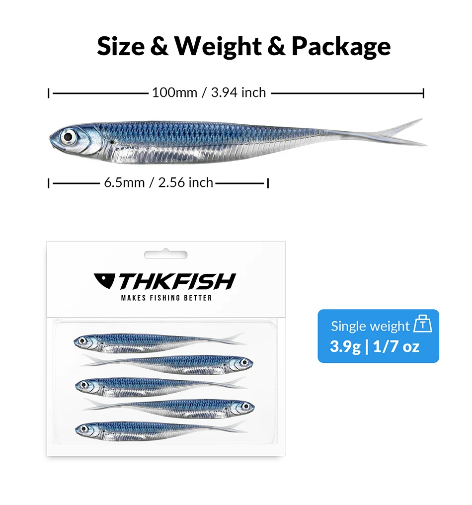 THKFISH 5pcs/6pcs Fishing Bait Lures 100mm 75mm Soft Silicone Artificial Bait Saltwater 3.9g Rubber Soft Lure For Bass Fishing