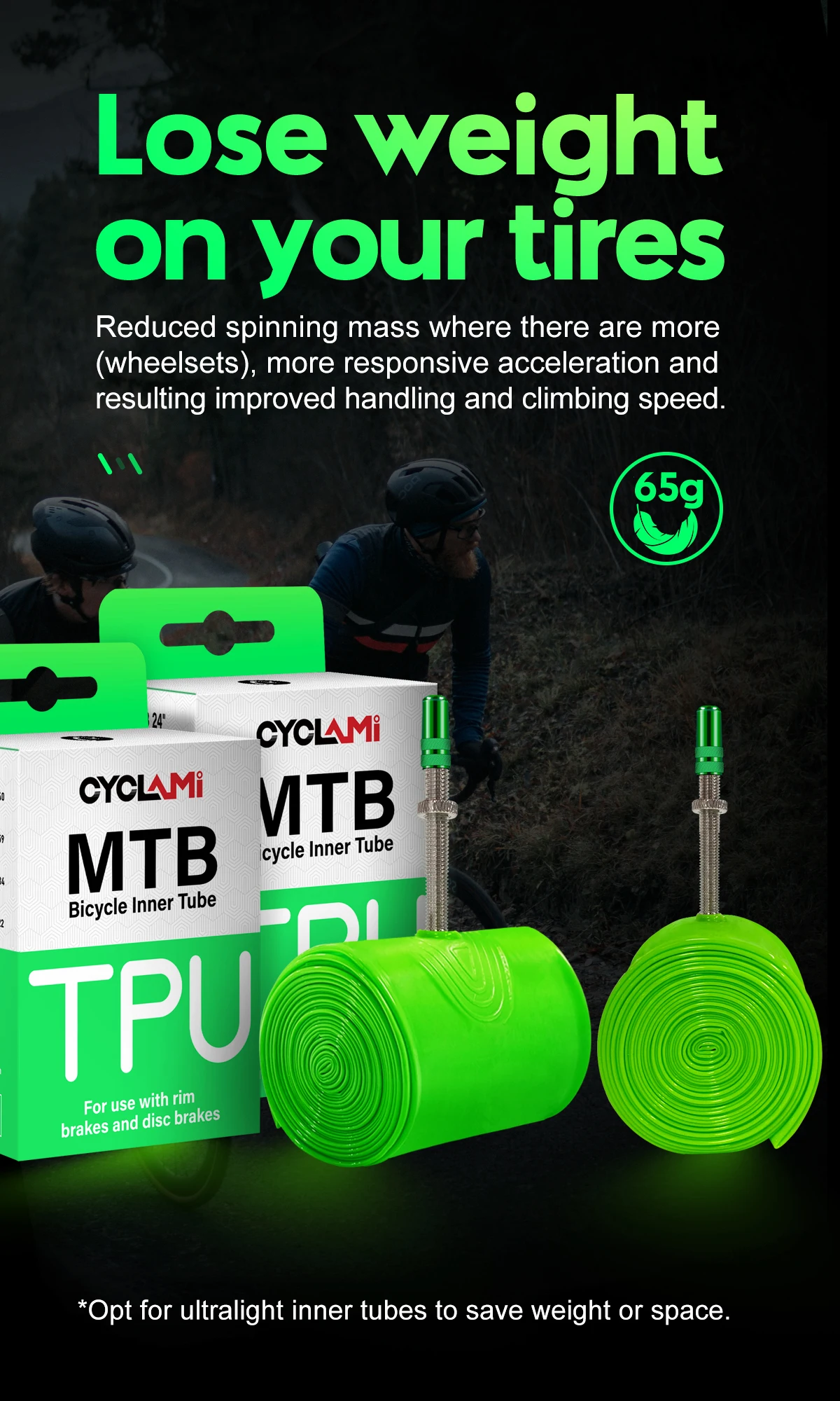 CYCLAMI Ultralight Bike Inner Tube 26 27.5 29 Inches MTB Bicycle TPU Material Tire 45mm French Valve Super Light Anti-Oxidation