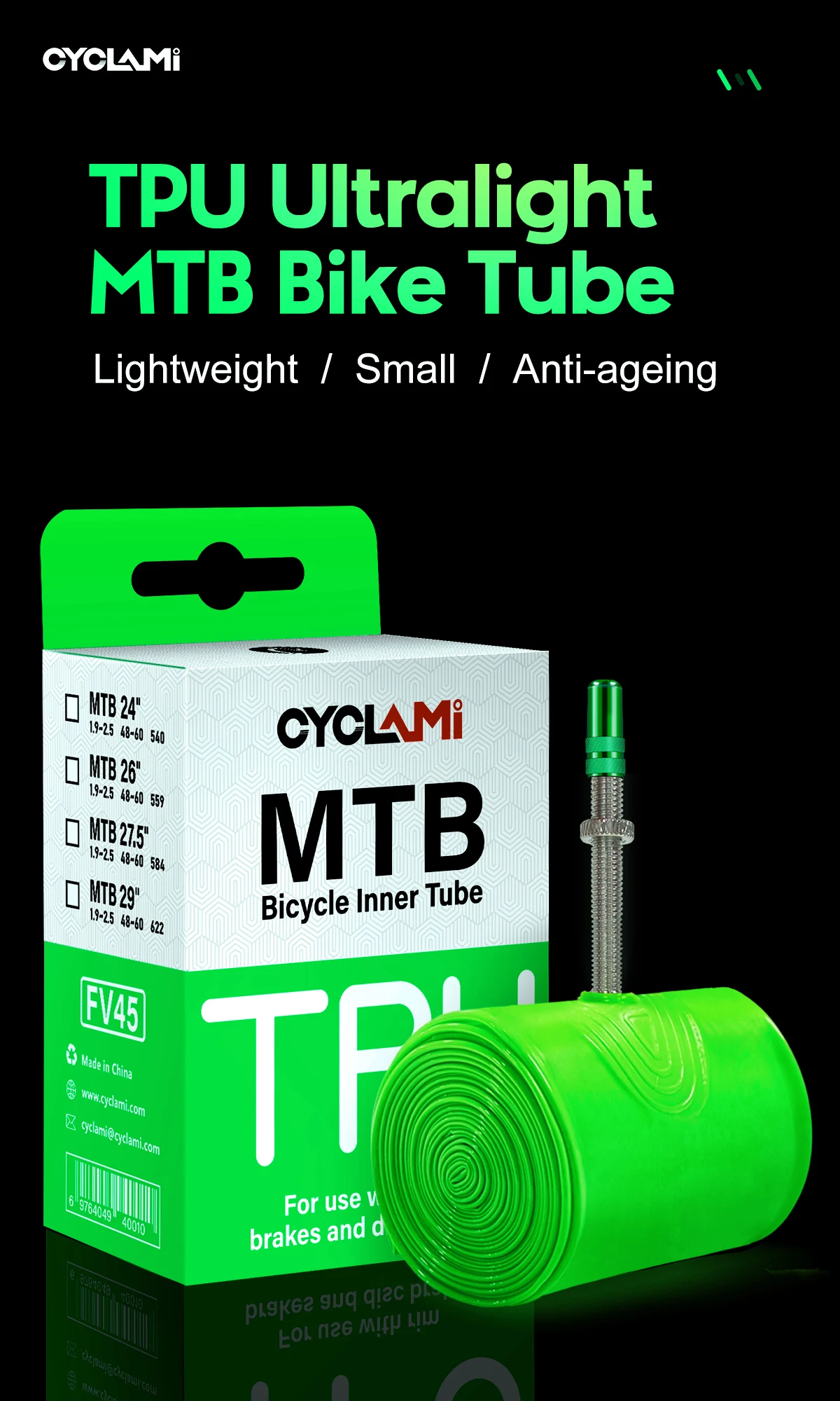 CYCLAMI Ultralight Bike Inner Tube 26 27.5 29 Inches MTB Bicycle TPU Material Tire 45mm French Valve Super Light Anti-Oxidation