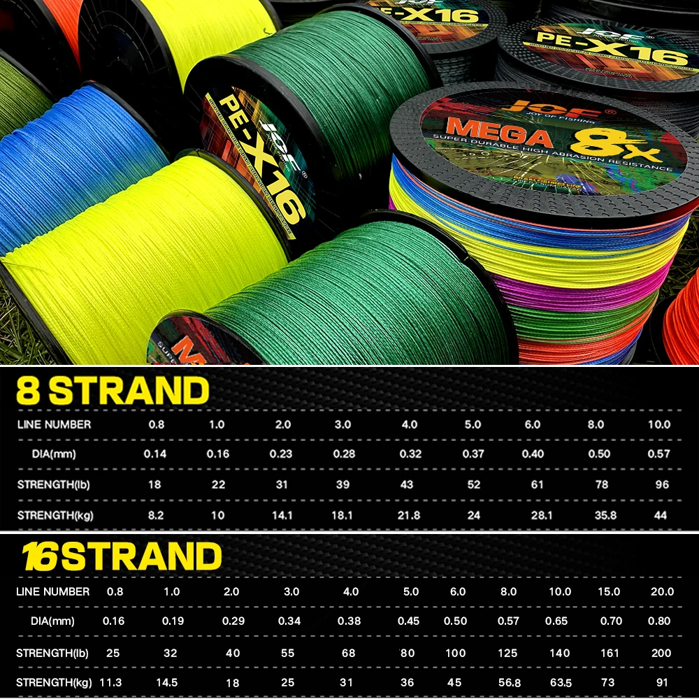 JOF X8 X16 Strands PE Braided Fishing Lines 0.16mm-0.8mm 18-200LB 300M 500M Multifilament Wires Sea Fish Line Ocean Rock Fshing