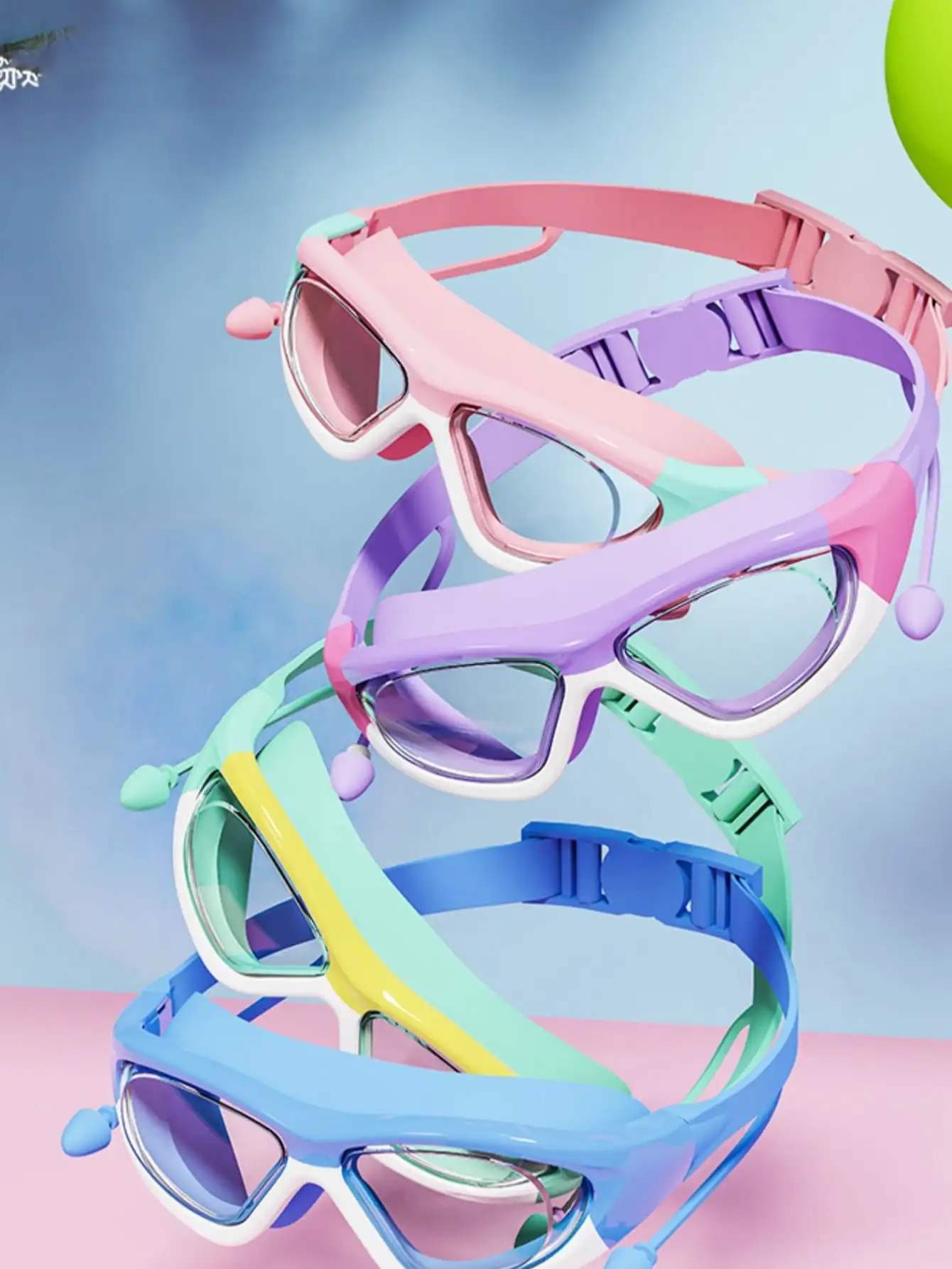 Children's High-definition Waterproof And Anti Fog Swimming Large Frame Glasses, Convenient Goggles Silicone Connected Earplugs
