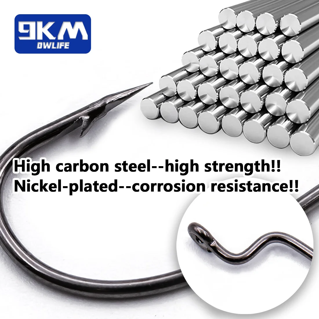 9KM 50Pcs Fishing Worm Hooks Offset EWG Hooks High Carbon Steel for Bass Barbed Shank Saltwater