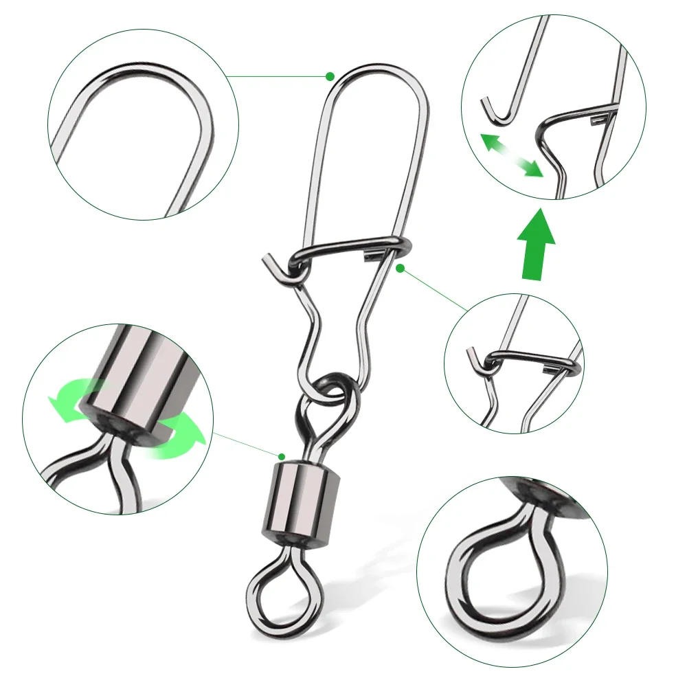 DNDYUJU 50pcs Pike Fishing Accessories Connector Pin Bearing Rolling Swivel Stainless Steel Snap Fishhook Lure Swivels Tackle