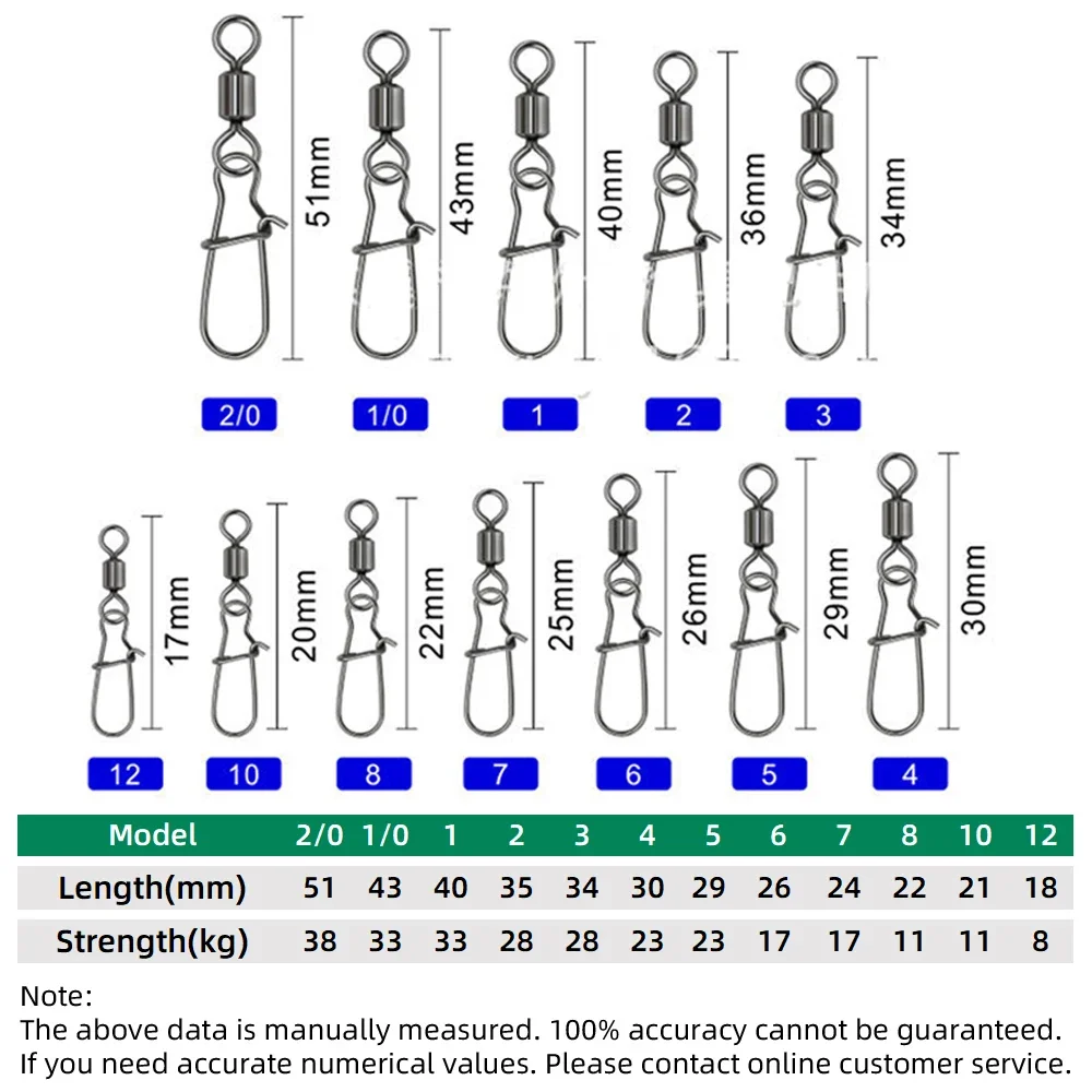 DNDYUJU 50pcs Pike Fishing Accessories Connector Pin Bearing Rolling Swivel Stainless Steel Snap Fishhook Lure Swivels Tackle