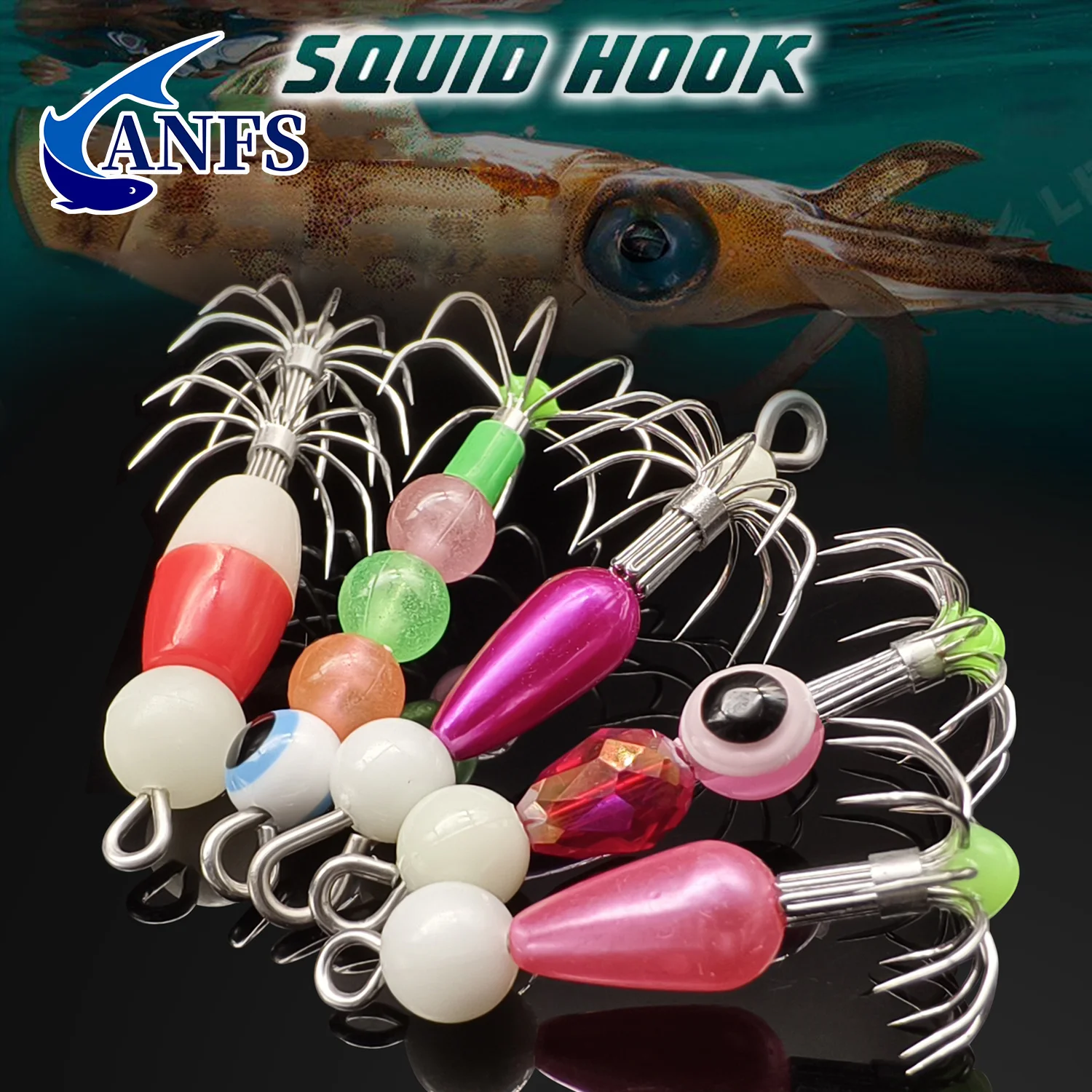 ANFS 2pcs/5pcs Glow Squid Jig Hooks Kit, Luminous Squid Jigs Lure Fishing Cuttlefish Sleeve Artificial Baits with Tackle Box