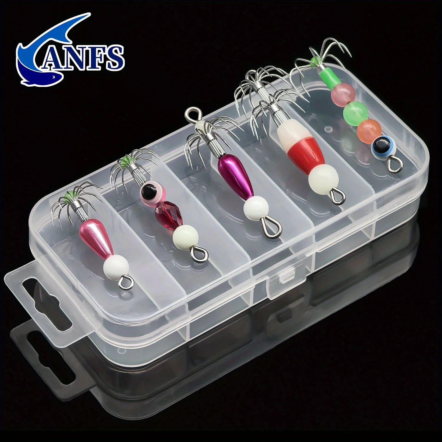 ANFS 2pcs/5pcs Glow Squid Jig Hooks Kit, Luminous Squid Jigs Lure Fishing Cuttlefish Sleeve Artificial Baits with Tackle Box