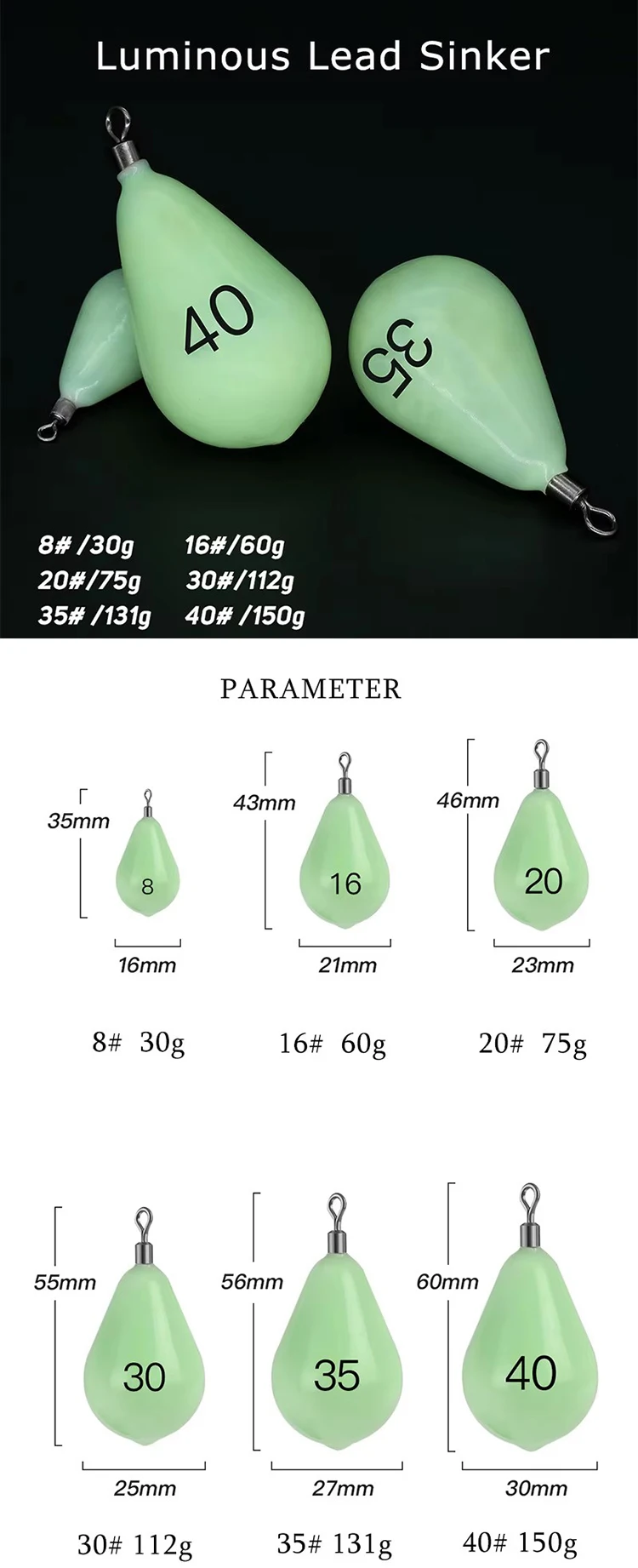 WEIHE  Size8#30g Size16#60g Size20#75g Size30#112g Size35#130g Size40#150g Luminous Lead Sinker With Soft Plastic Shell