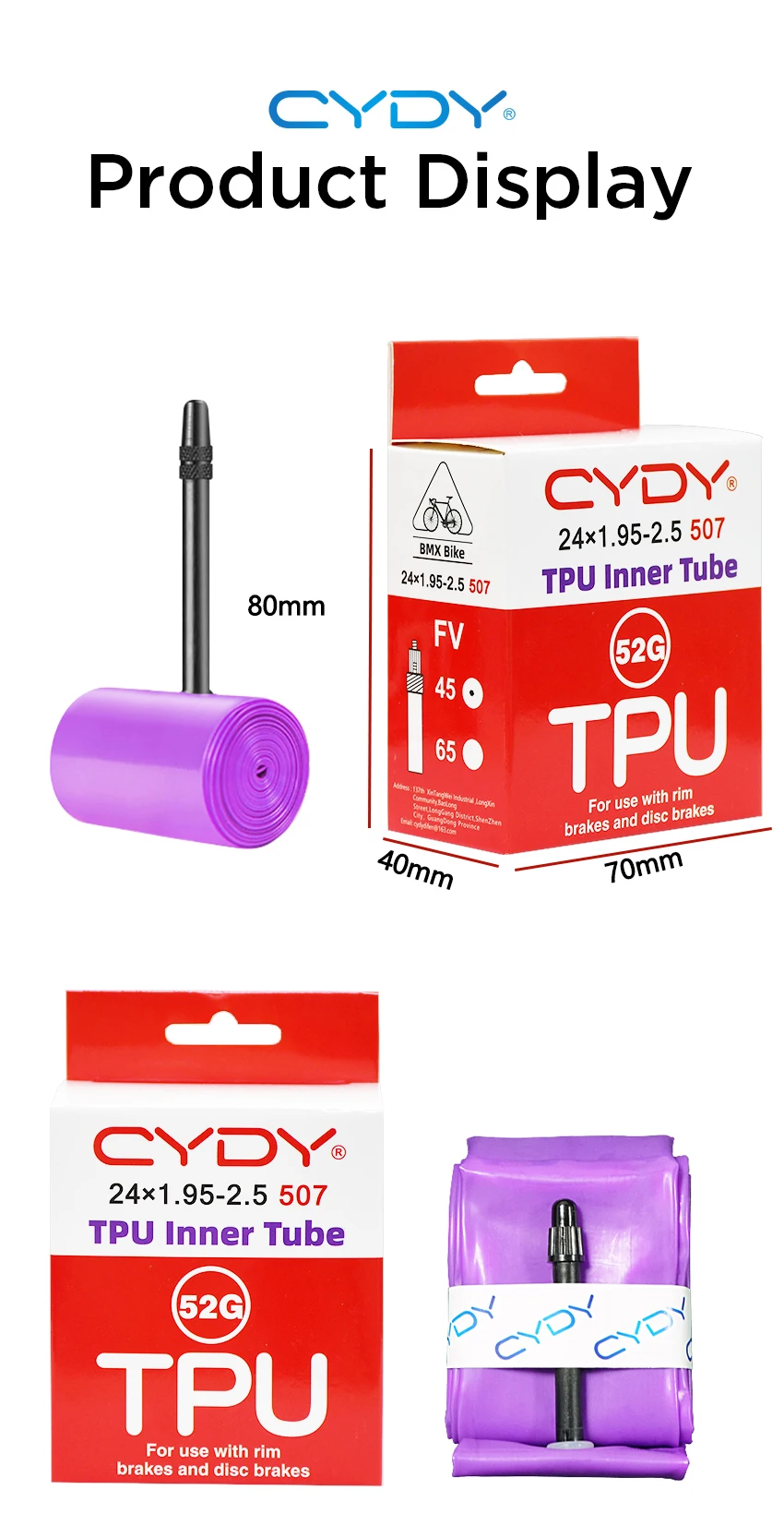 CYDY TPU Bicycle Inner Tube Camer 24" 507 24x1.95 2.0 2.125 2.25 2.35 2.4 2.5 Inch Valve 45mm BMX Bike Tire Pneu Cycling Tyre