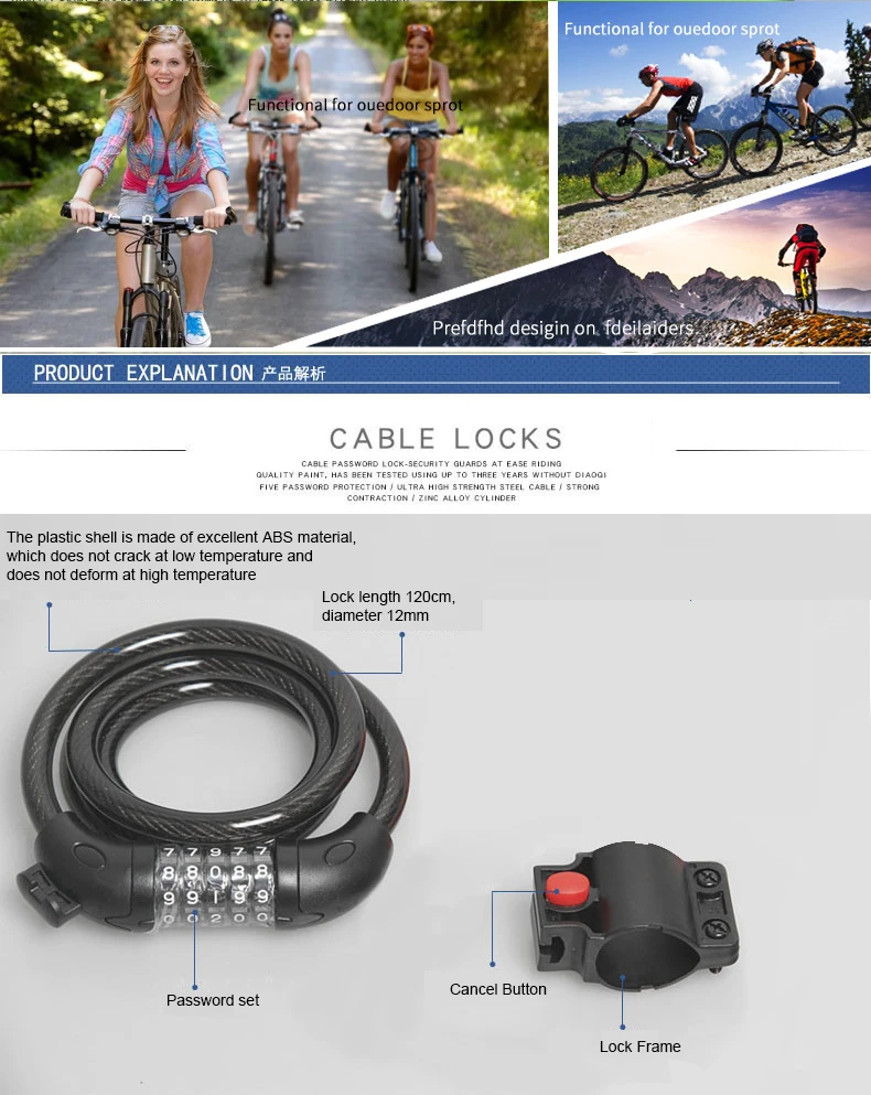 Bicycle Locks Anti-theft Mtb Bike Steel Wire Padlock 4Digit Password Electric Scooter Motorcycle Locks MTB Bicycle Accessories