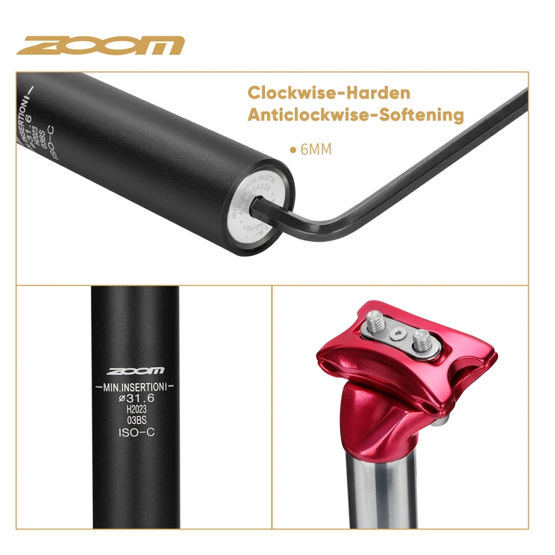 ZOOM Bike Suspension Seatpost 27.2/31.6/28.6/30.4/30.8/33.9mm MTB Suspension Seat Tube 350mm Shock Absorber Seat Post Bike Parts