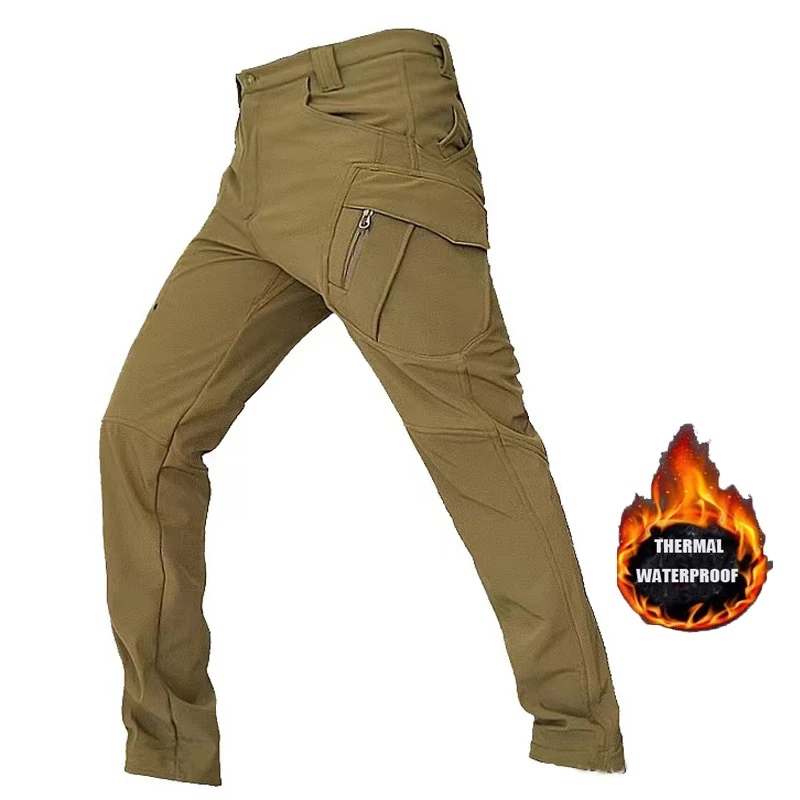 Men's Winter Autumn Softshell Fleece Tactical Pants Military Combat Waterproof Thermal Hiking Camping Climbing Hunting Trousers