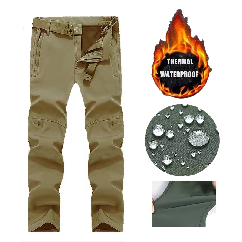 Men's Winter Autumn Softshell Fleece Tactical Pants Military Combat Waterproof Thermal Hiking Camping Climbing Hunting Trousers
