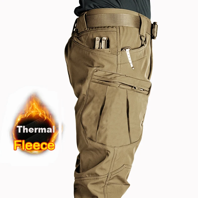 Men's Winter Autumn Softshell Fleece Tactical Pants Military Combat Waterproof Thermal Hiking Camping Climbing Hunting Trousers