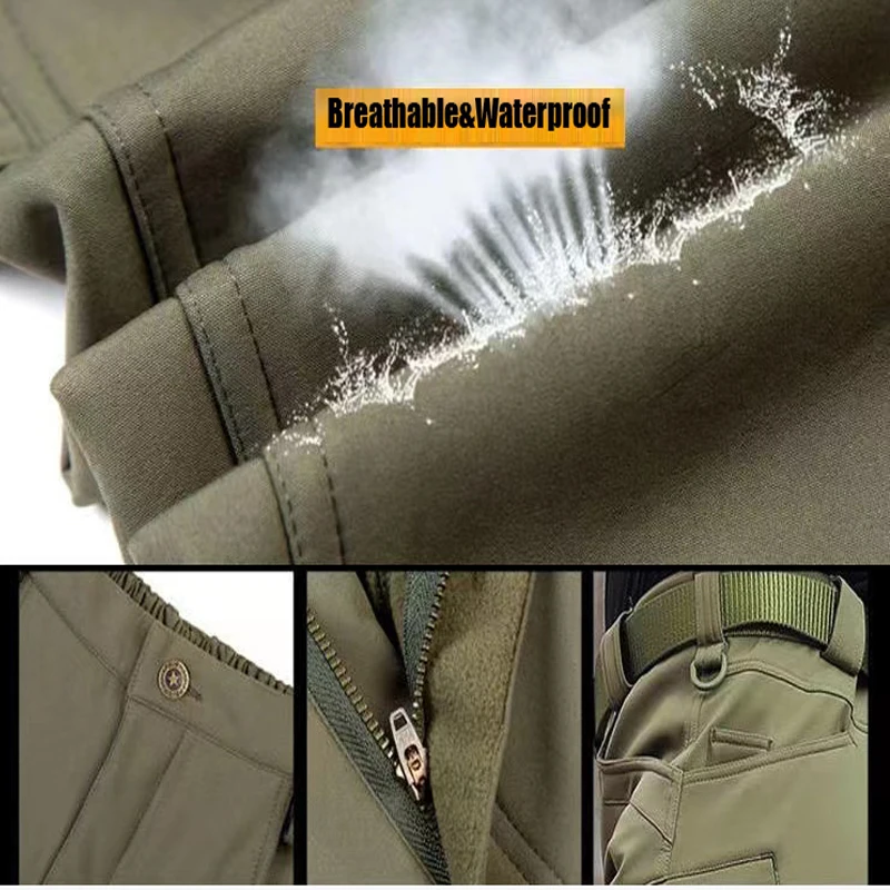Men's Winter Autumn Softshell Fleece Tactical Pants Military Combat Waterproof Thermal Hiking Camping Climbing Hunting Trousers
