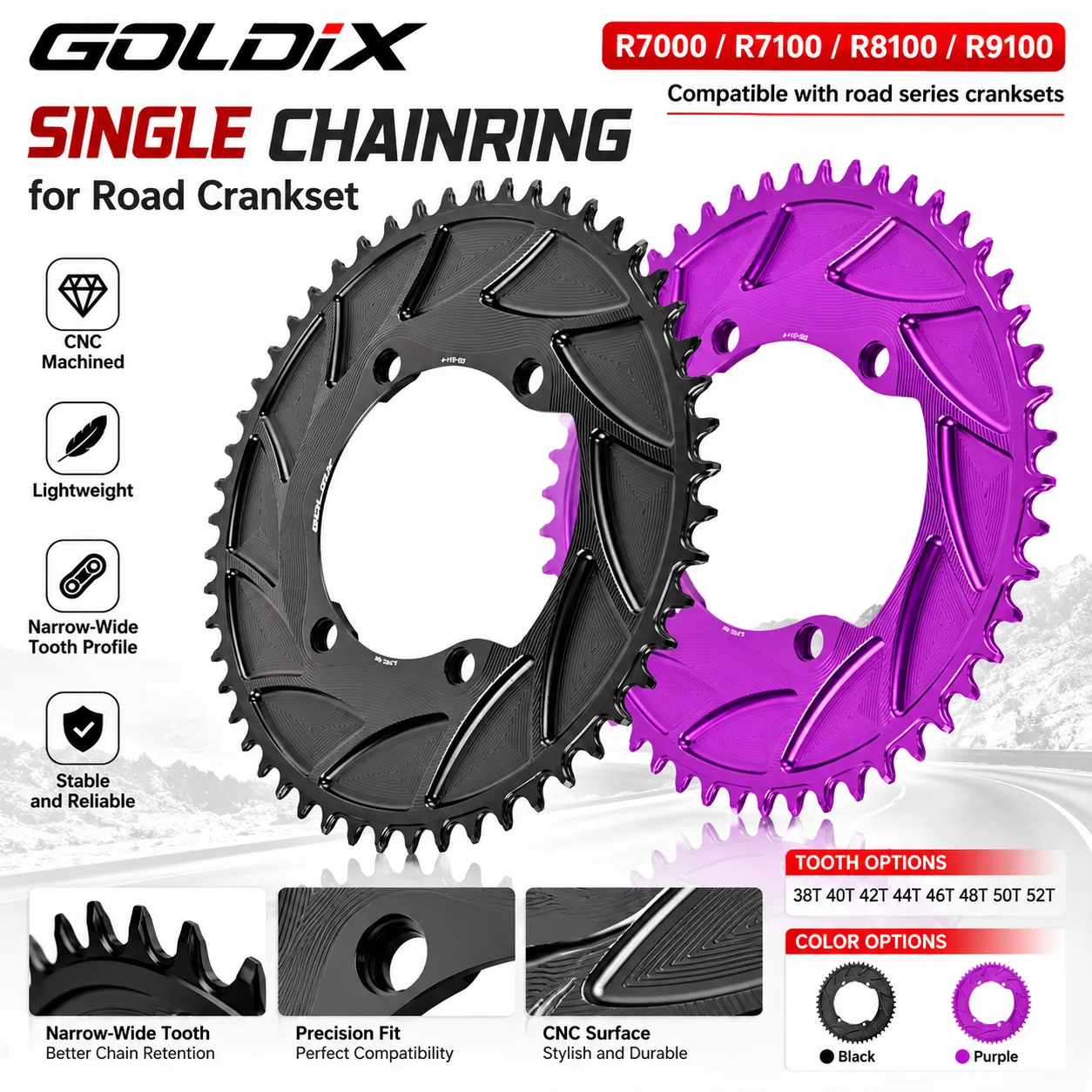 GOLDIX 110BCD Road Gravel Bike Single Chainring CNC Aluminum Narrow Wide Chainwheel for R7000 R8000 R8100 R9200 Crank Power Mete