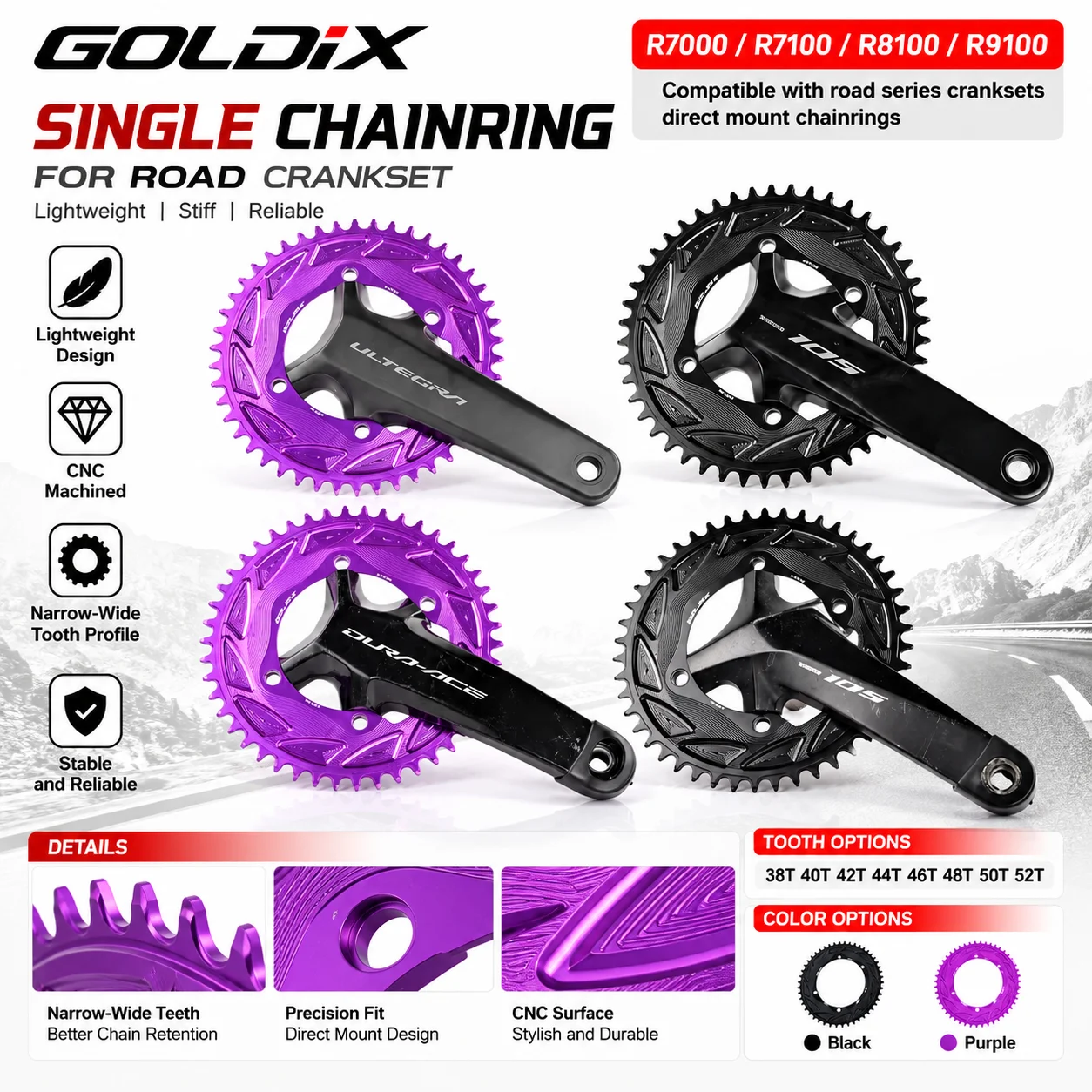 GOLDIX 110BCD Road Gravel Bike Single Chainring CNC Aluminum Narrow Wide Chainwheel for R7000 R8000 R8100 R9200 Crank Power Mete