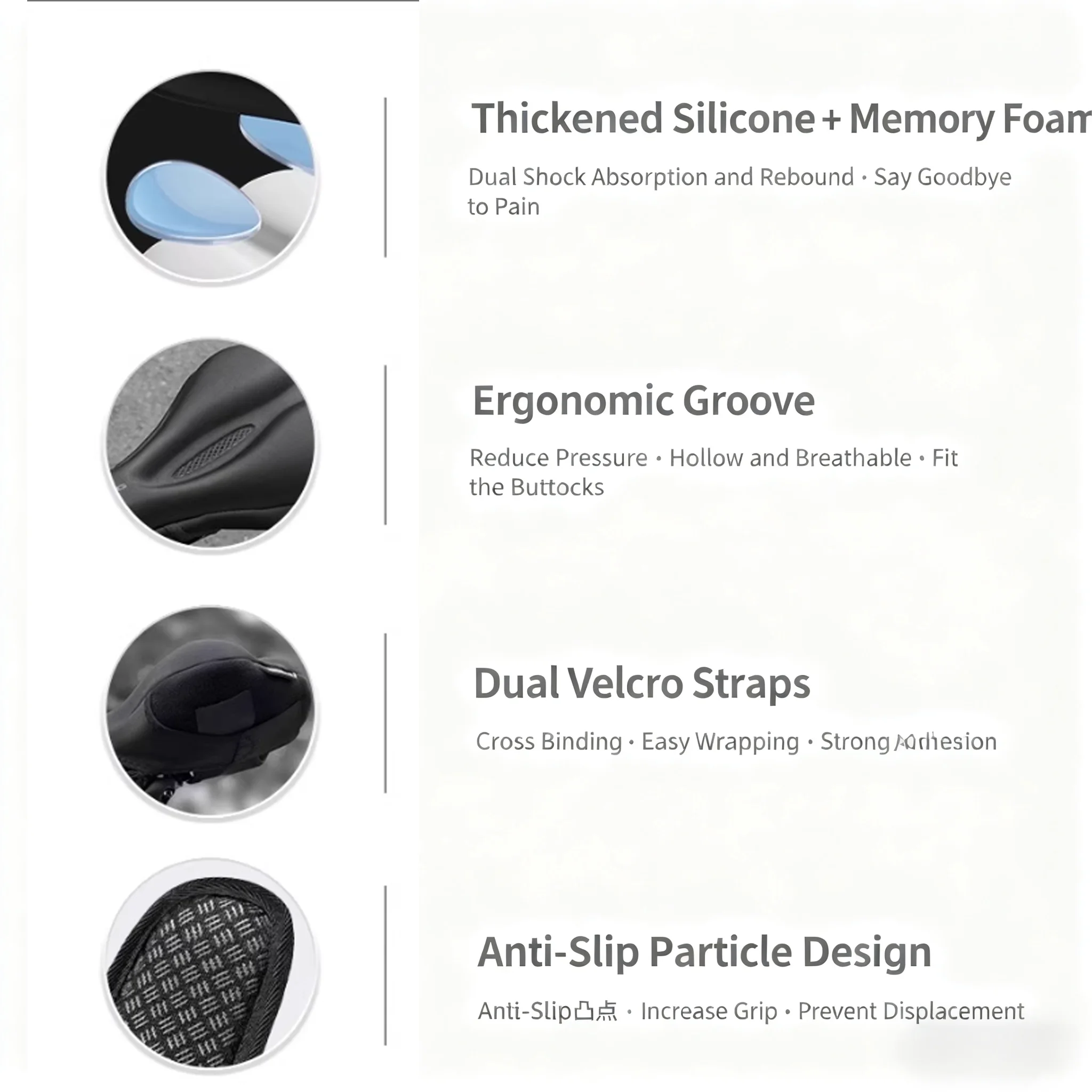 Silicone & Memory Foam Bike Seat Cover, Shock-Absorbing Anti-Slip Cushion, Magic Tape & Drawstring Options for Comfort Riding